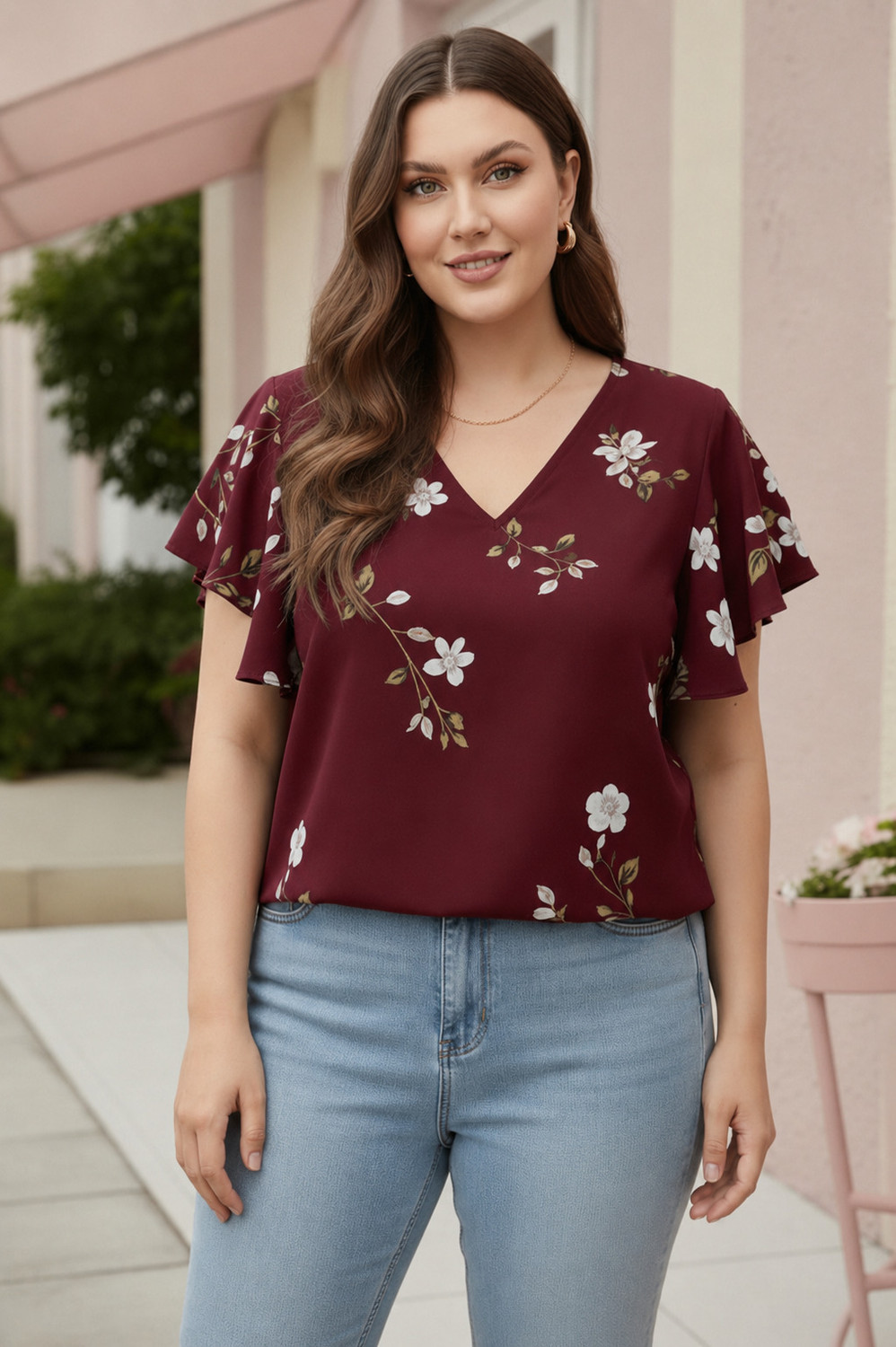 ansgarments Casual Floral Print Women Maroon Top