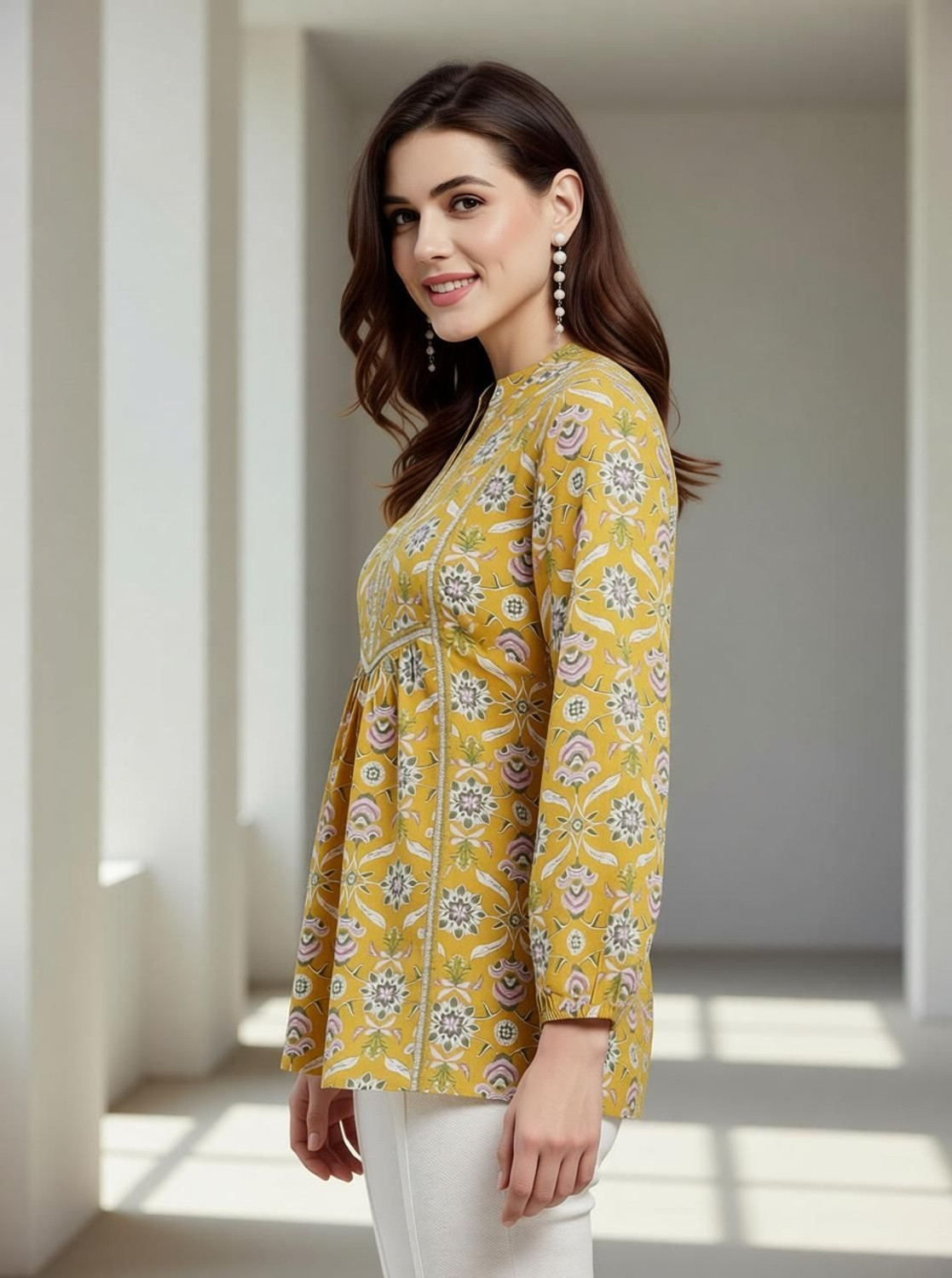Image of DORIYA Casual Floral Print Women Yellow Top