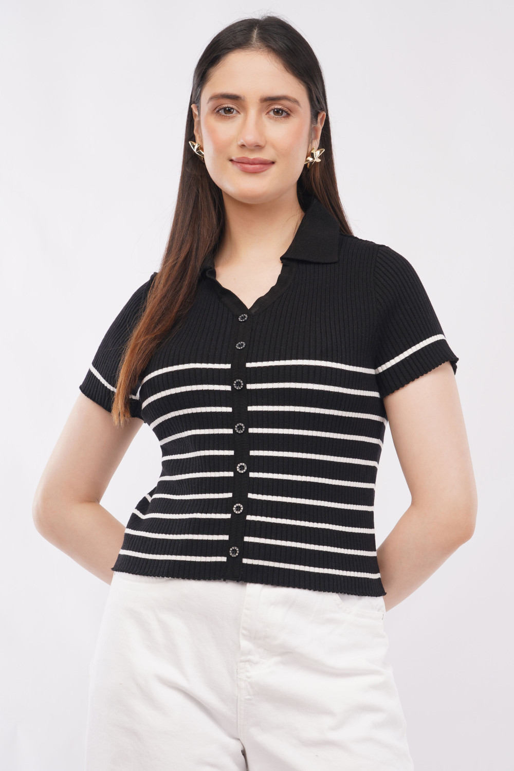 Image of IROZI Casual Striped Women Black Top