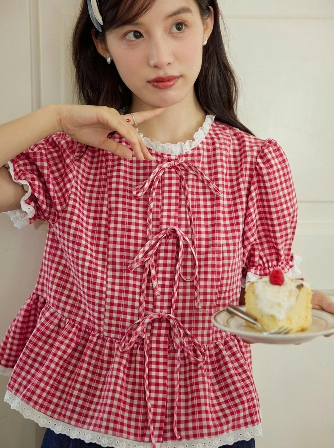 Image of QUINTESSENTIALS Casual Checkered Women Red Top