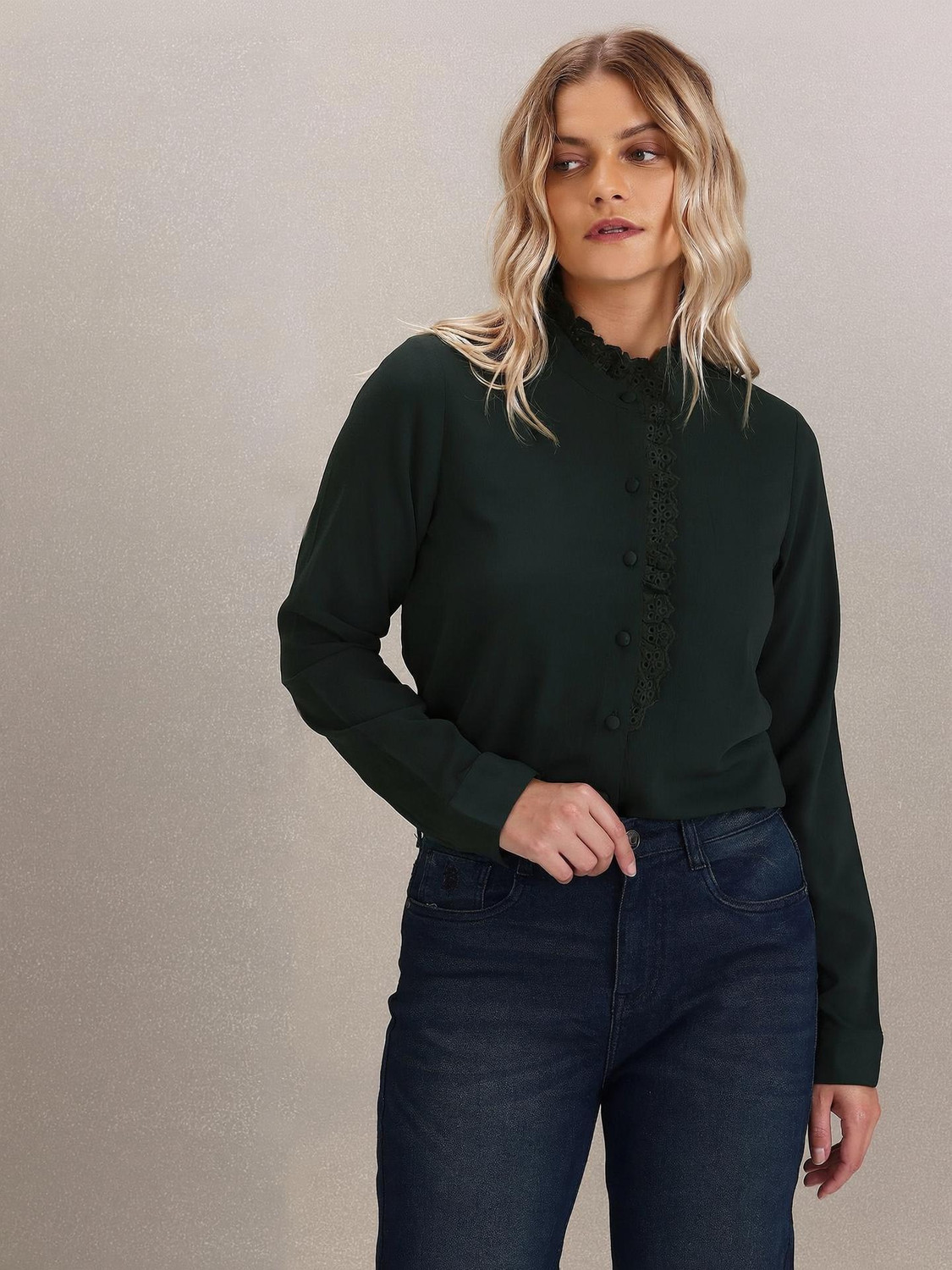 Image of U.S. POLO ASSN. Casual Solid, Lace Women Dark Green Top