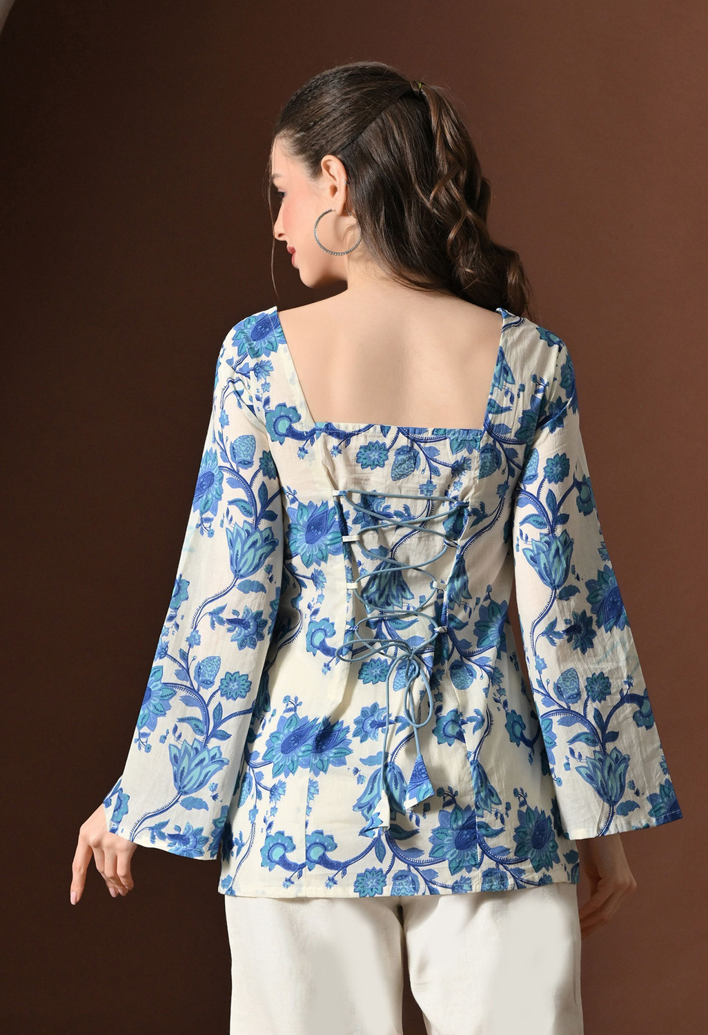 Image of SANGAKURTI Casual Floral Print Women White, Blue Top