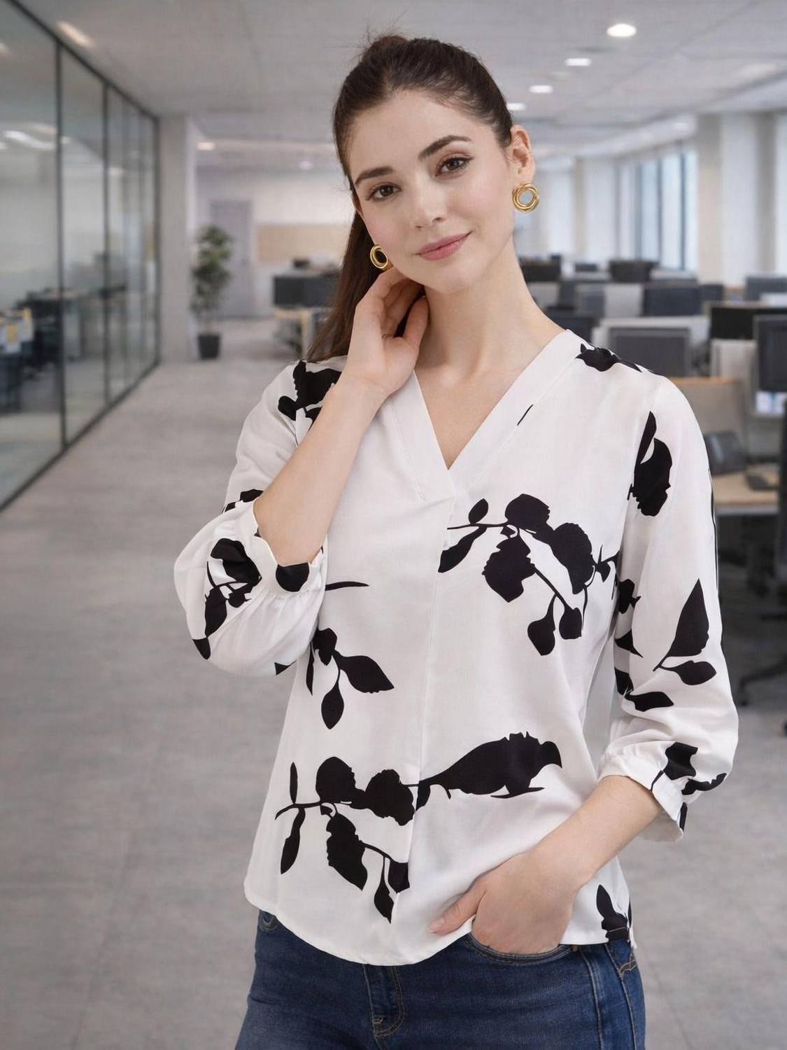 Lukonn Casual Floral Print Women White Top
