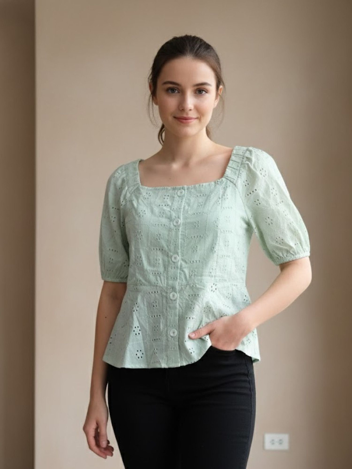 Image of BIRDIEfashion Casual Self Design Women Green Top
