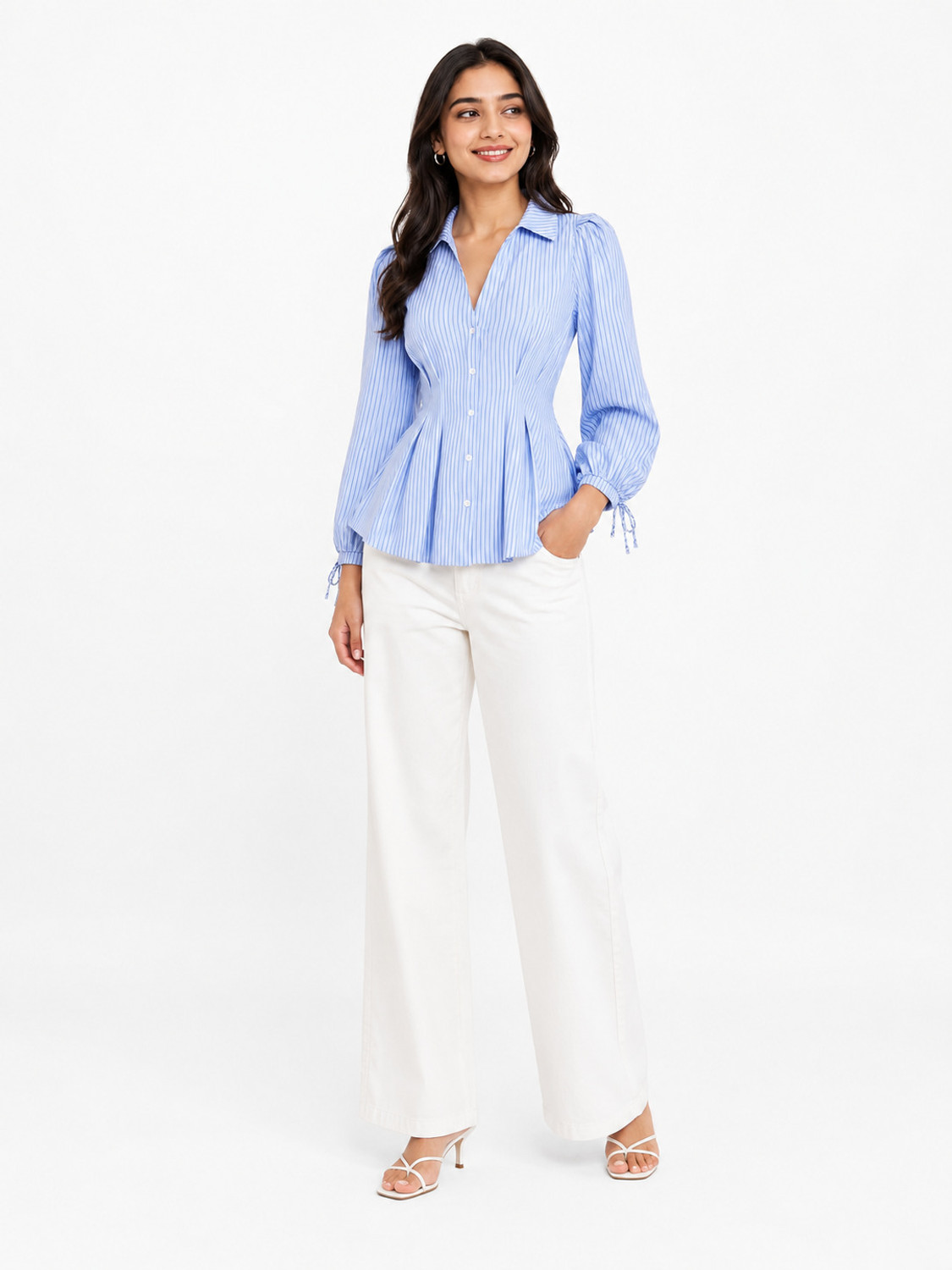 Image of CHAMUNDA MALL Casual Balloon Sleeve Striped Women Blue, White Top
