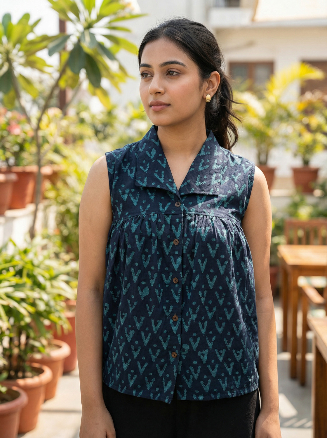 Image of Roses N Chic Casual Geometric Print Women Light Blue Top