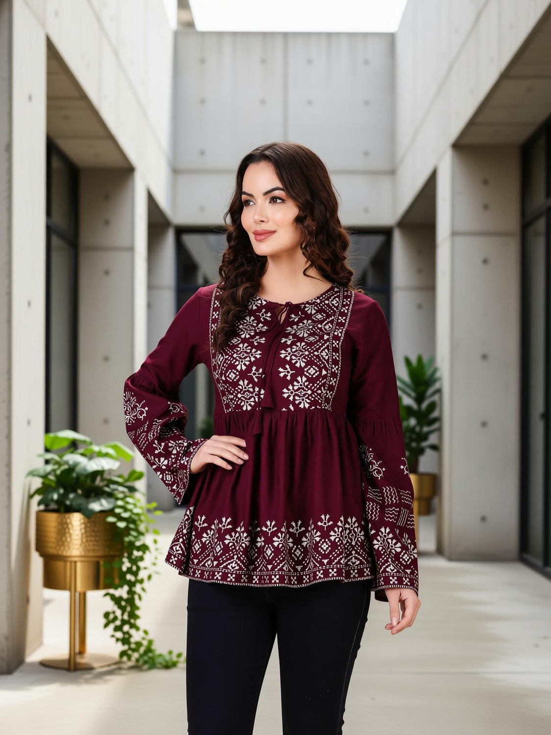 Image of Yuvanj Printed Viscose Rayon High Low Kurta for Women (Maroon)