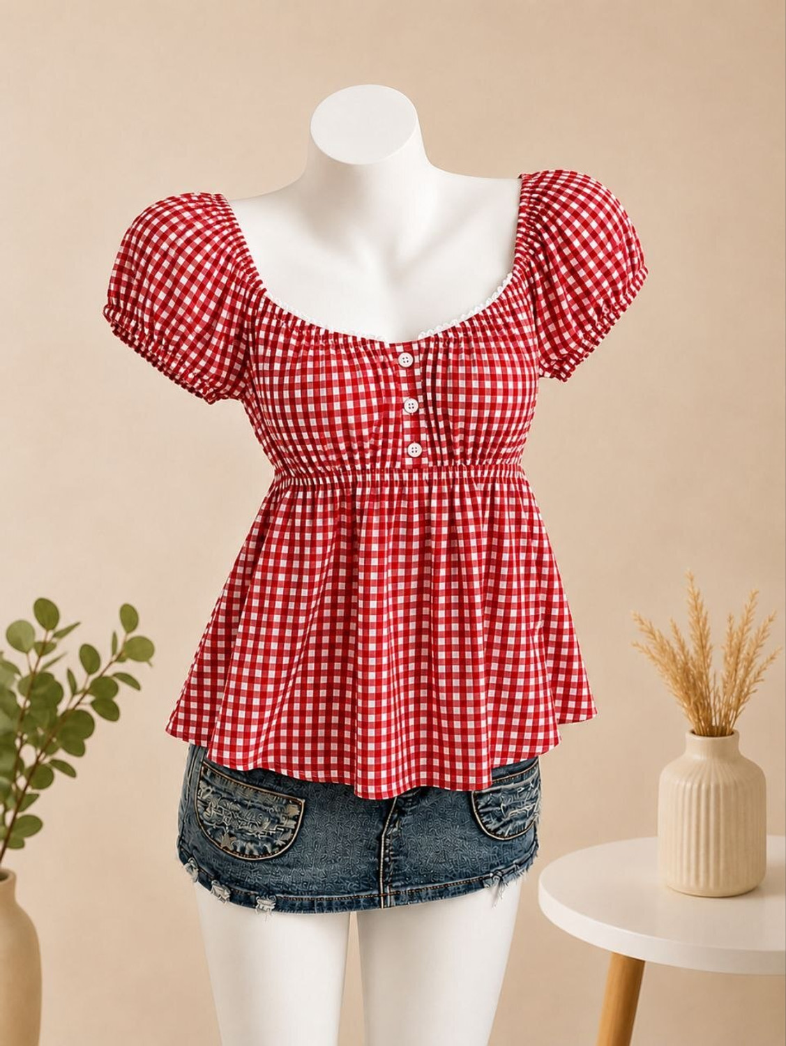 Image of Bullish Casual Checkered Women Red, White Top