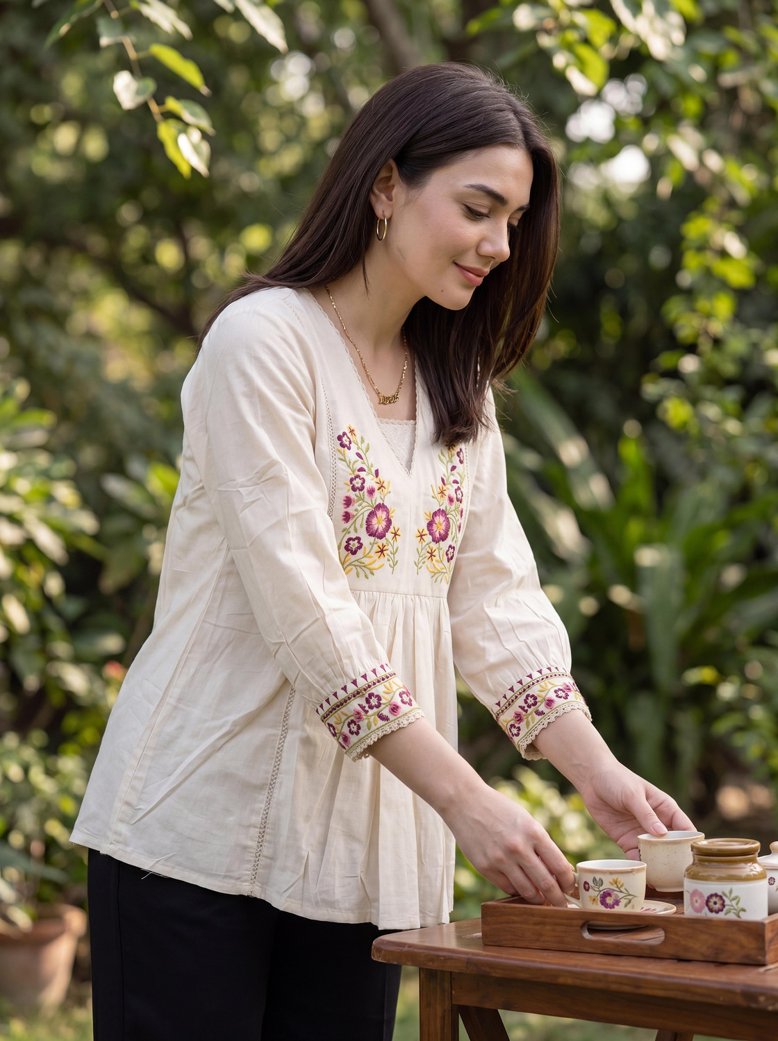 Image of MICORIA Casual Embroidered Women Beige, White Top