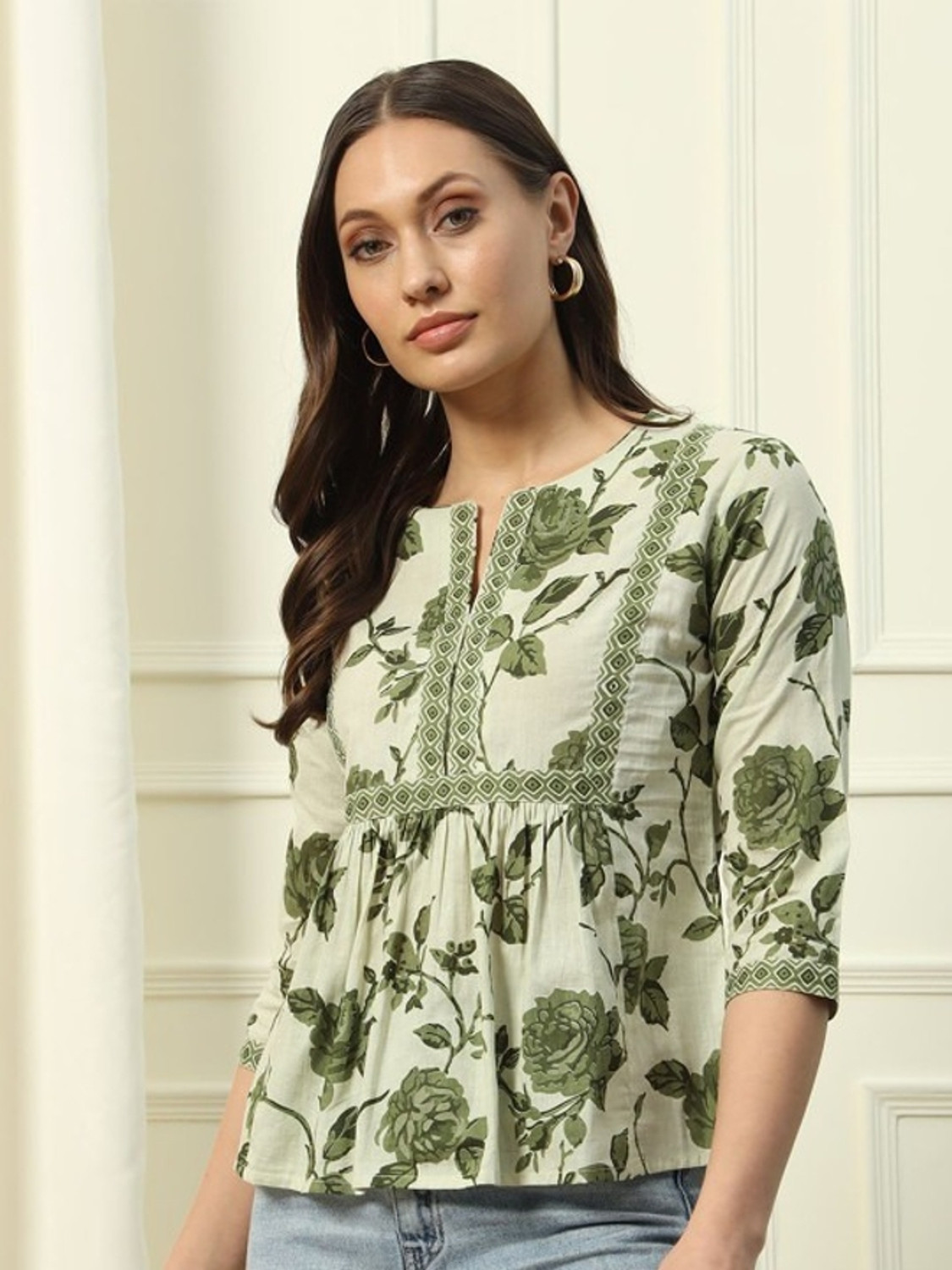 Image of WESTETHNIC Casual Floral Print Women Light Green Top