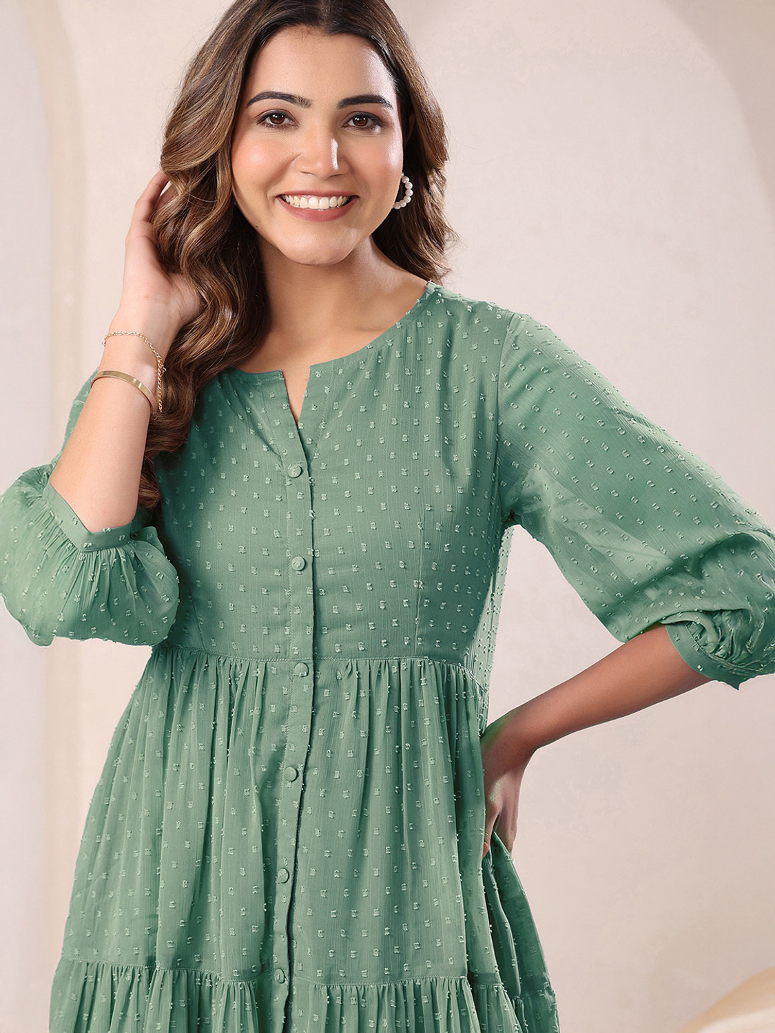 Image of Janasya Casual Polka Print Women Green Top