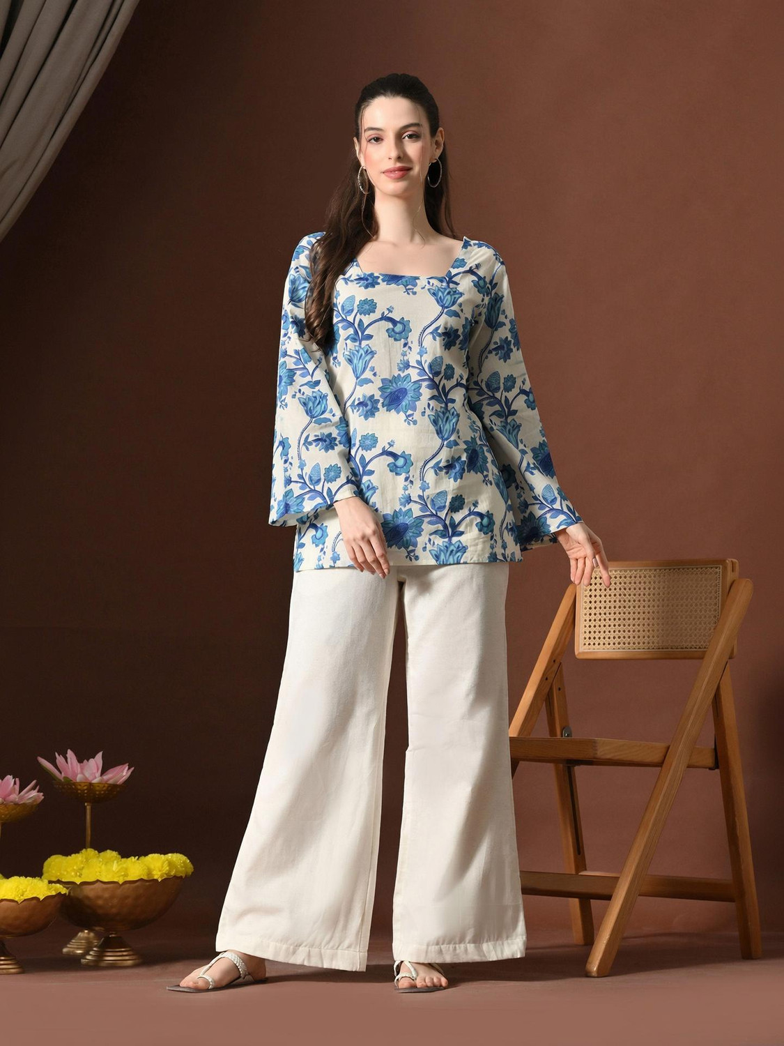Image of SANGAKURTI Casual Floral Print Women White, Blue Top