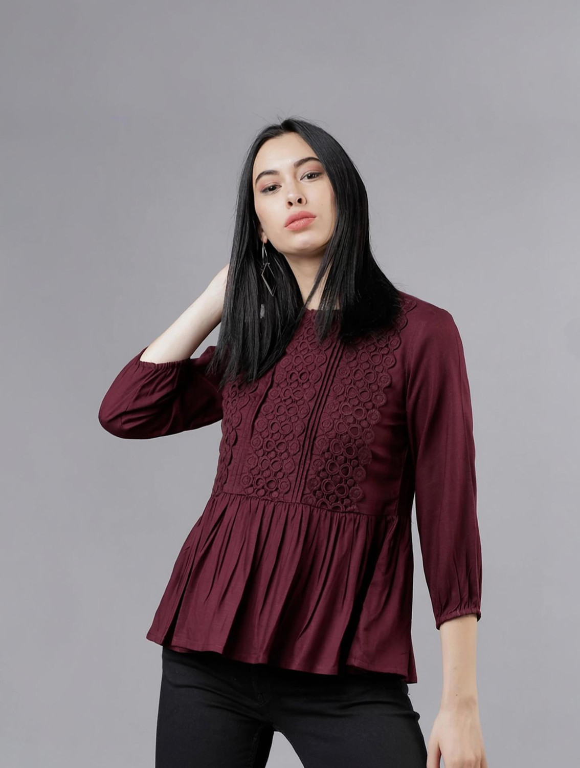 Image of Tokyo Talkies Casual 3 /4 Sleeve Solid Women Maroon Top