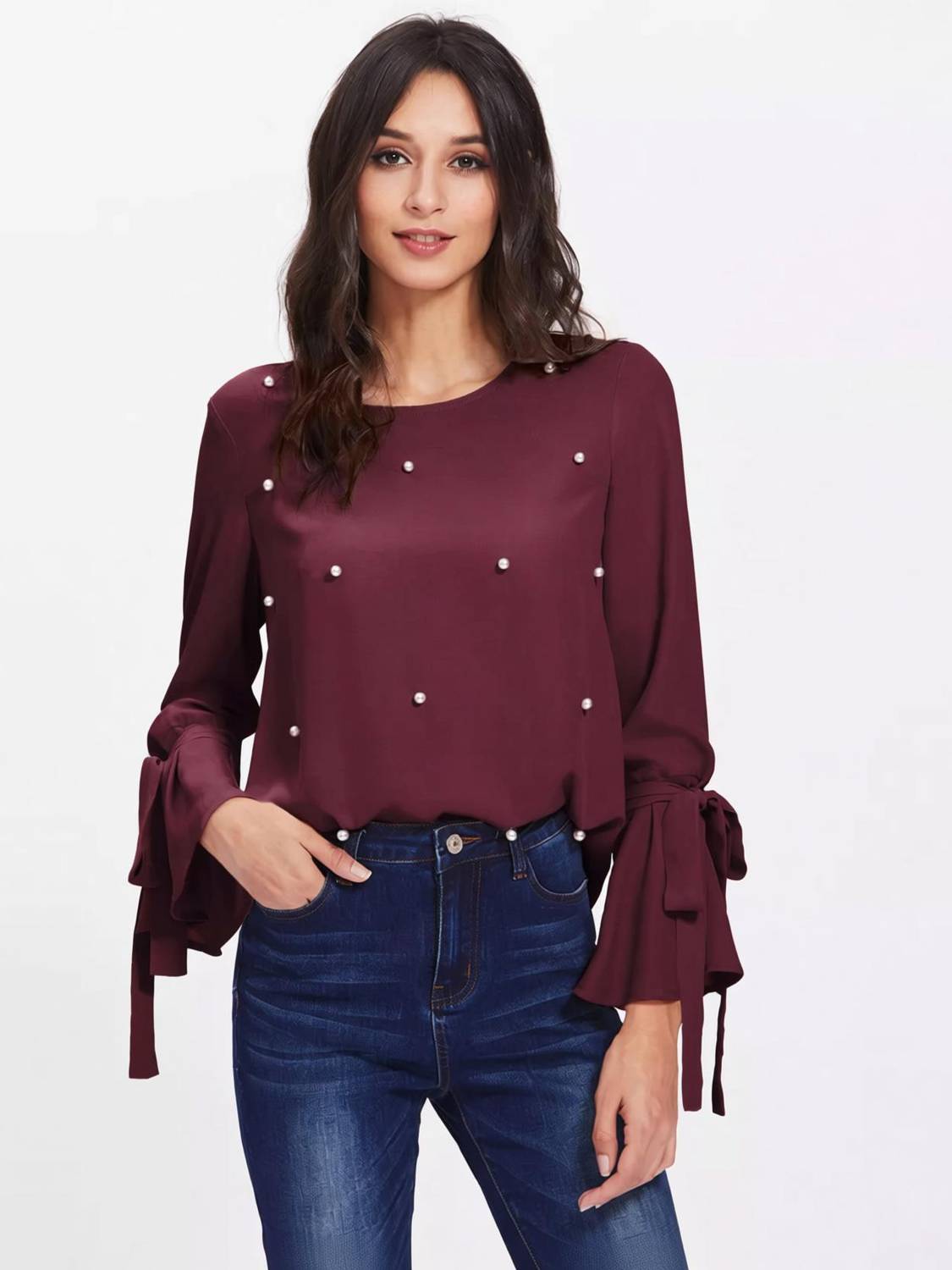Alfa Fashion Casual Bell Sleeve Embellished Women Maroon Top