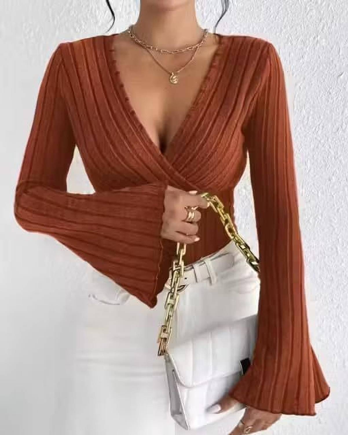 BindalTradersss Casual Self Design Women Brown Top