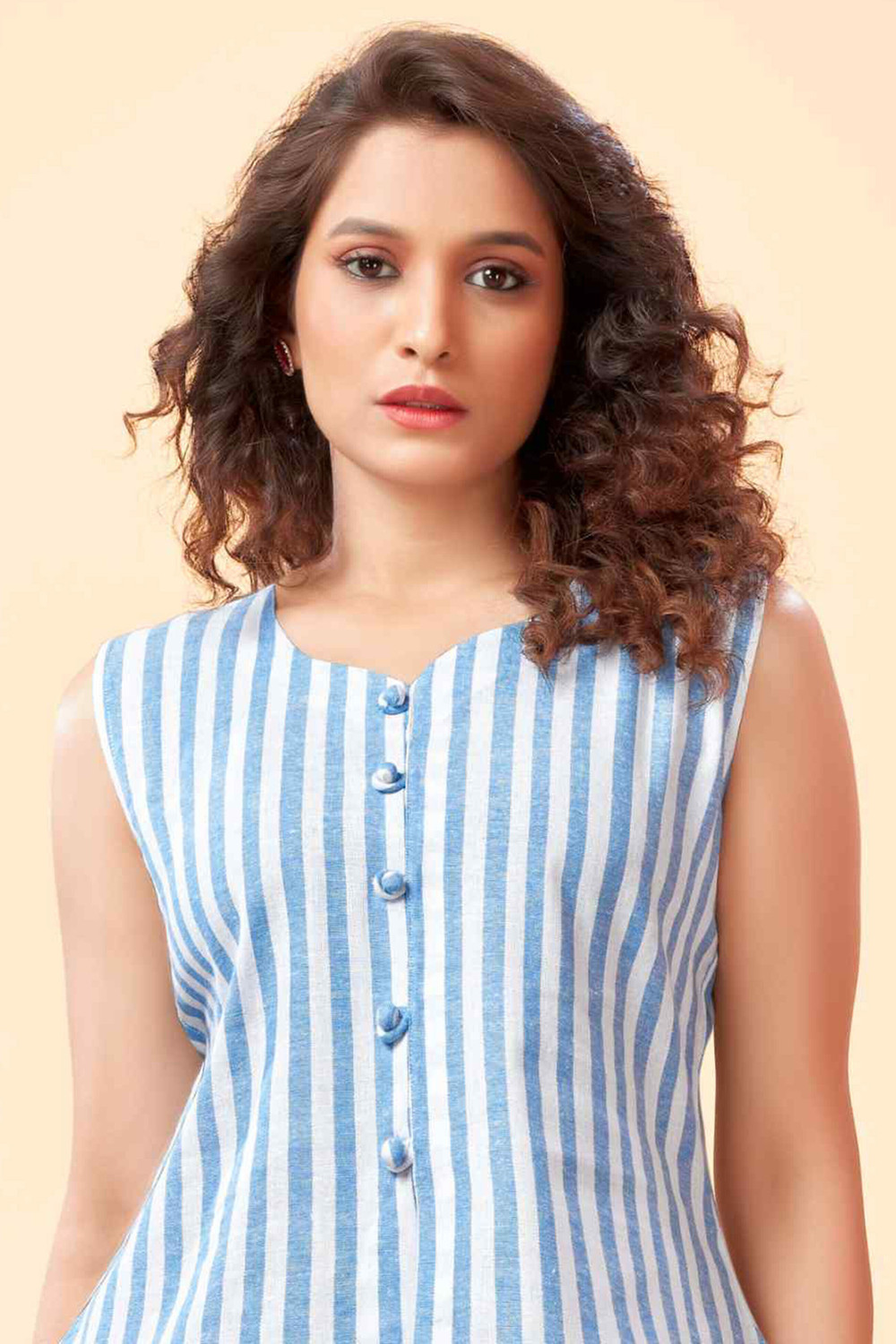 Image of Glomee Casual Striped Women Light Blue Top