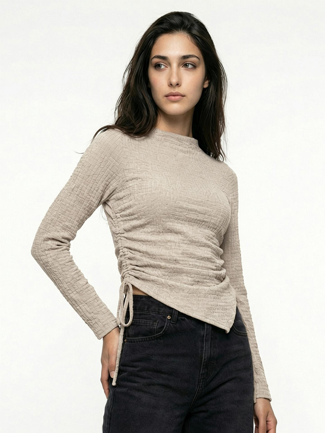 Image of Selvia Casual Bell Sleeves Solid Women Beige Top