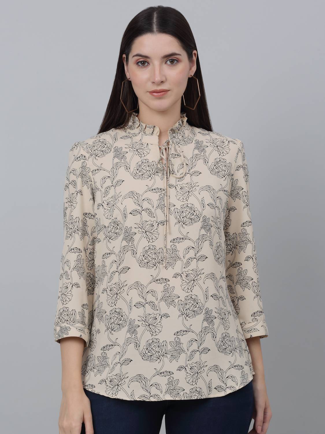 CANTABIL Casual Floral Print, Printed Women White, Grey Top