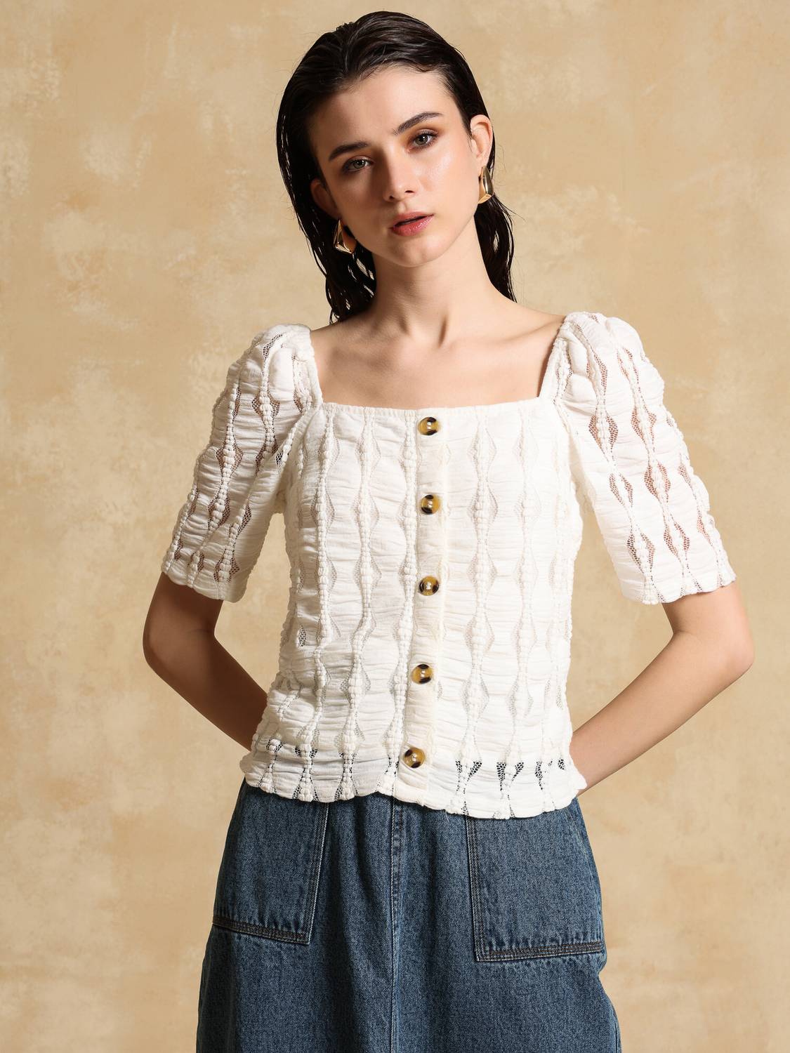 KAZO Casual Self Design Women Beige Top - Buy KAZO Casual Self
