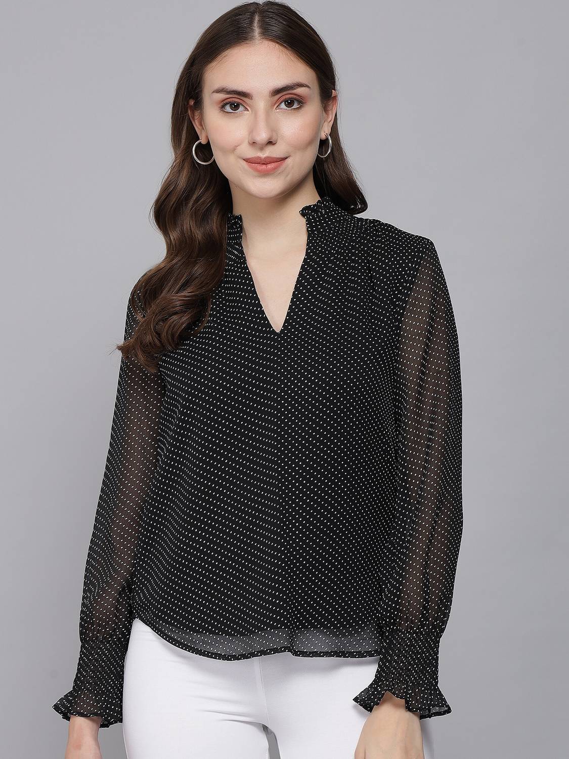BEATNIK Casual Polka Print, Printed Women Black Top