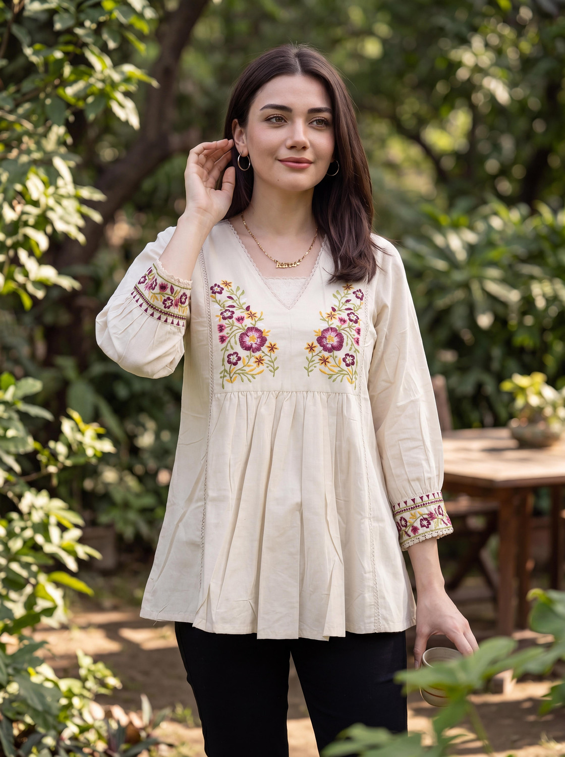 Image of MICORIA Casual Embroidered Women Beige, White Top