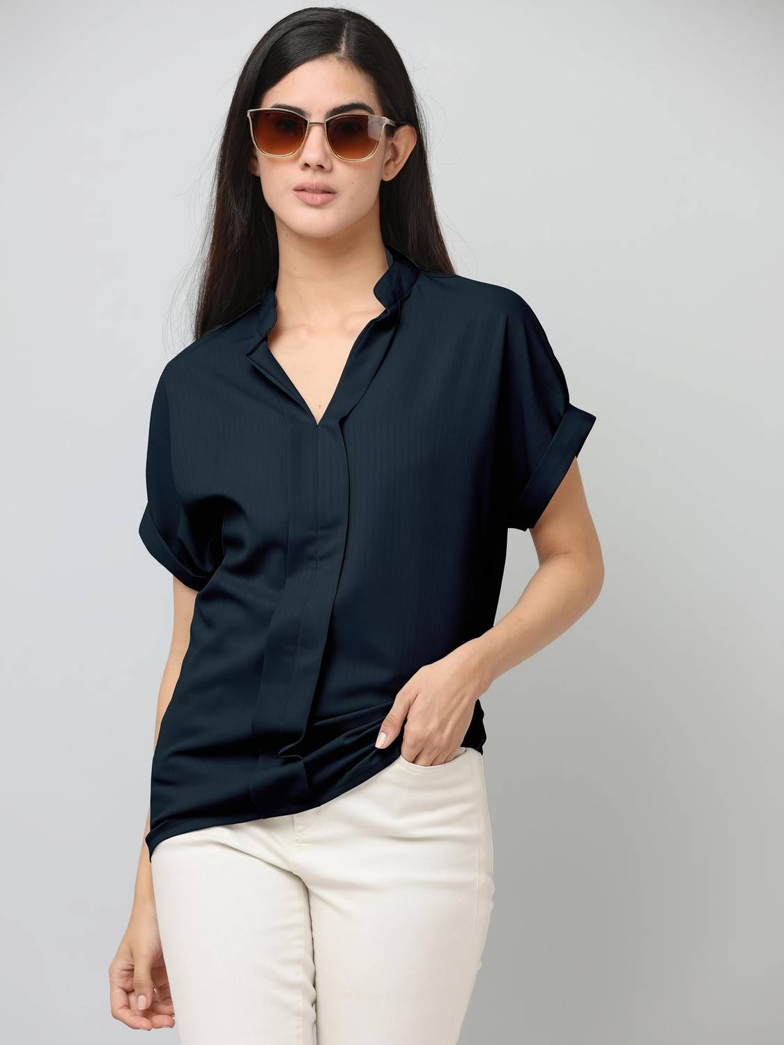 Brucella Casual Solid Women Blue Top
