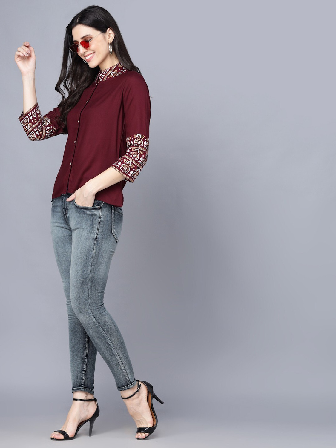 Image of SUBH LAXMI Casual Printed Women Brown Top