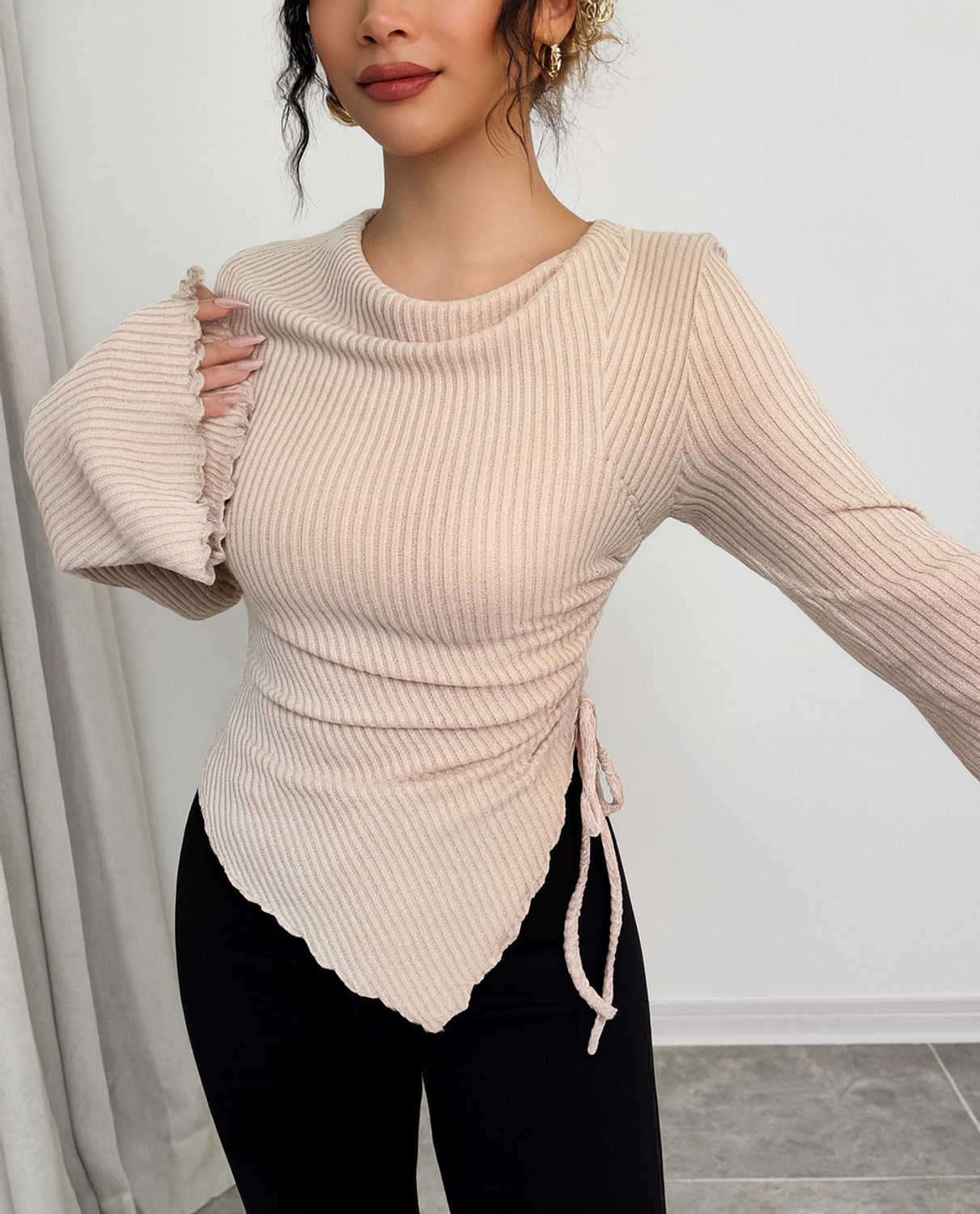 Image of VASTRAM Casual Flared Sleeves Solid Women Beige Top