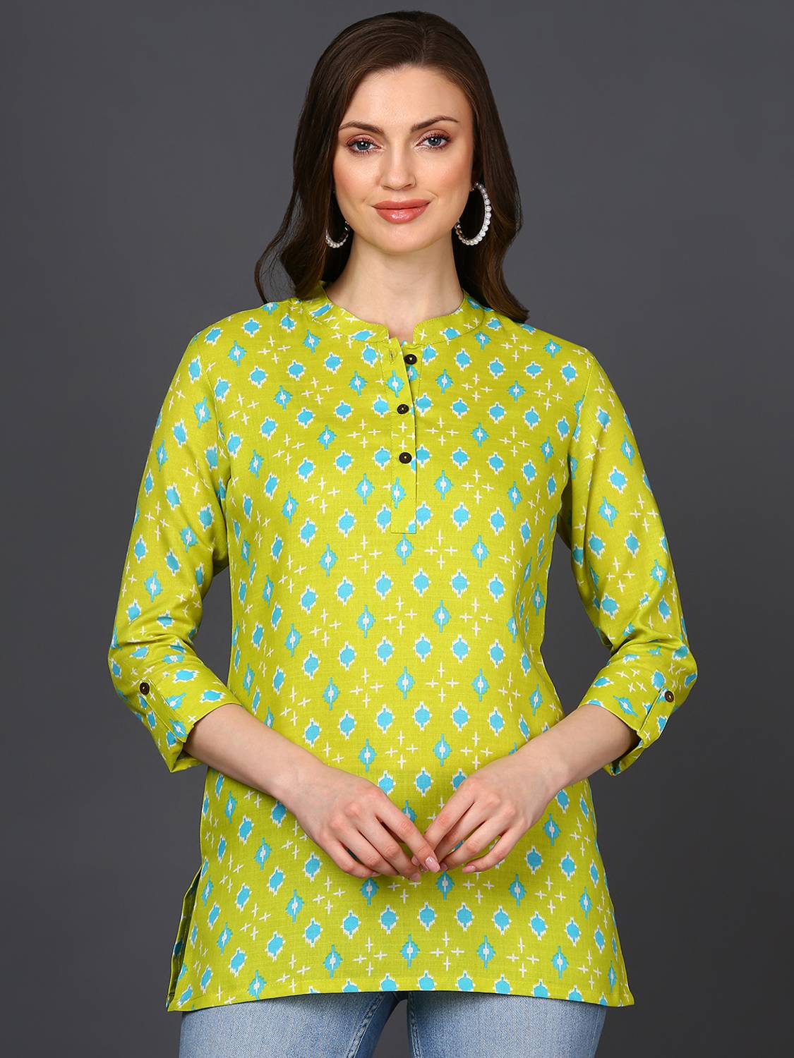 AHIKA Casual Printed, Geometric Print Women Light Green, Light Blue, White Top