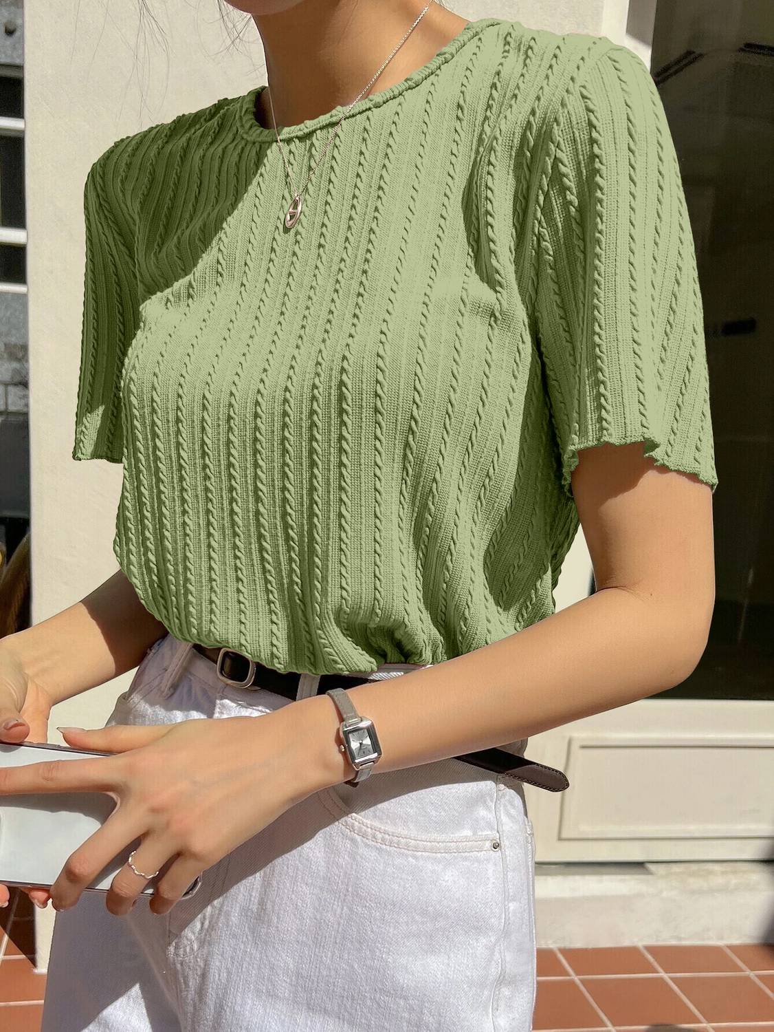 1stLov Casual Self Design Women Light Green Top