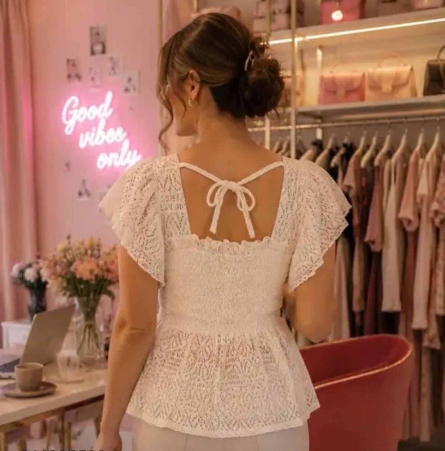 NOORI Women Beige Lace Top - Image 2