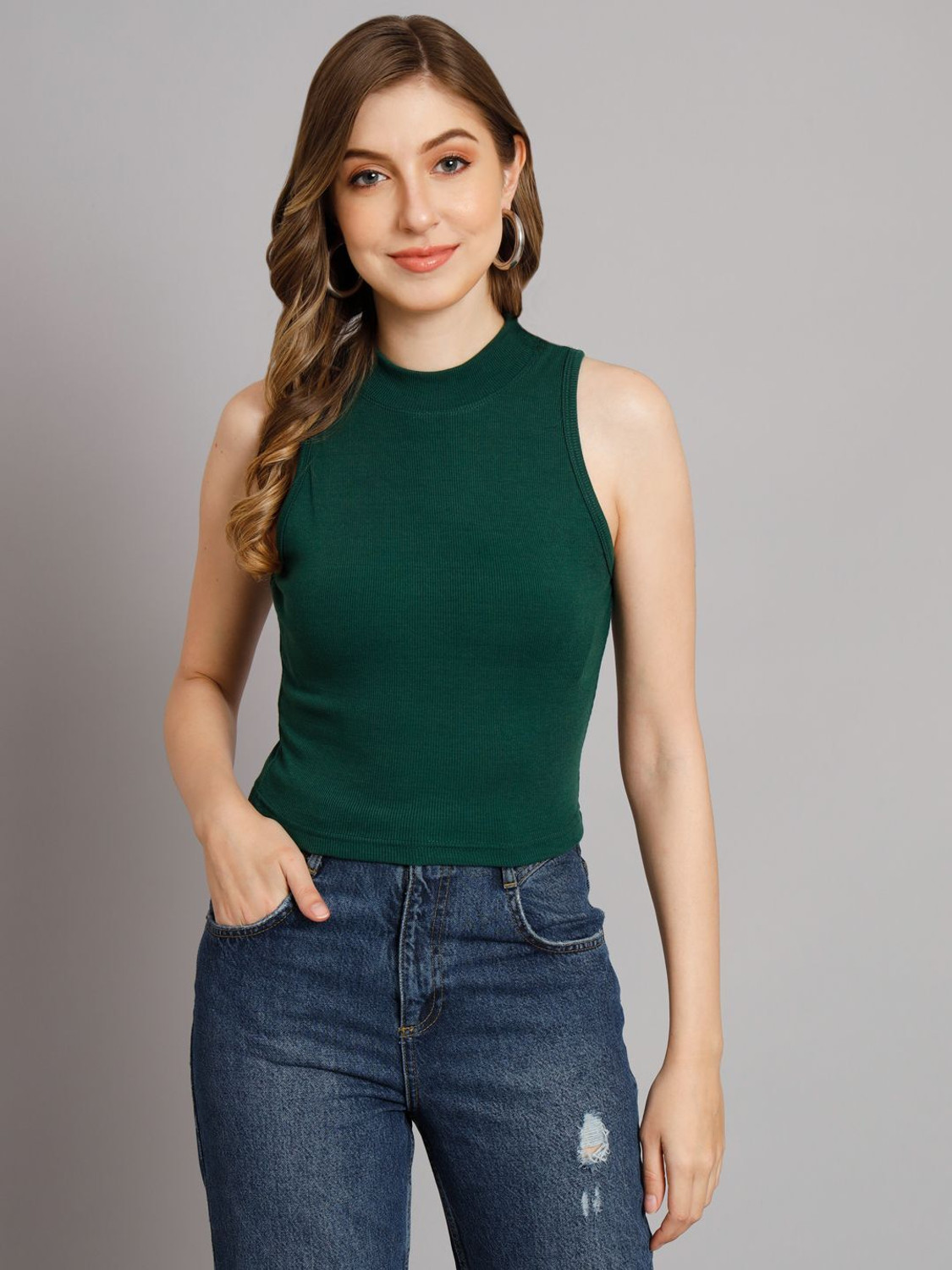Image of FUNDAY FASHION Casual Solid Women Dark Green Top