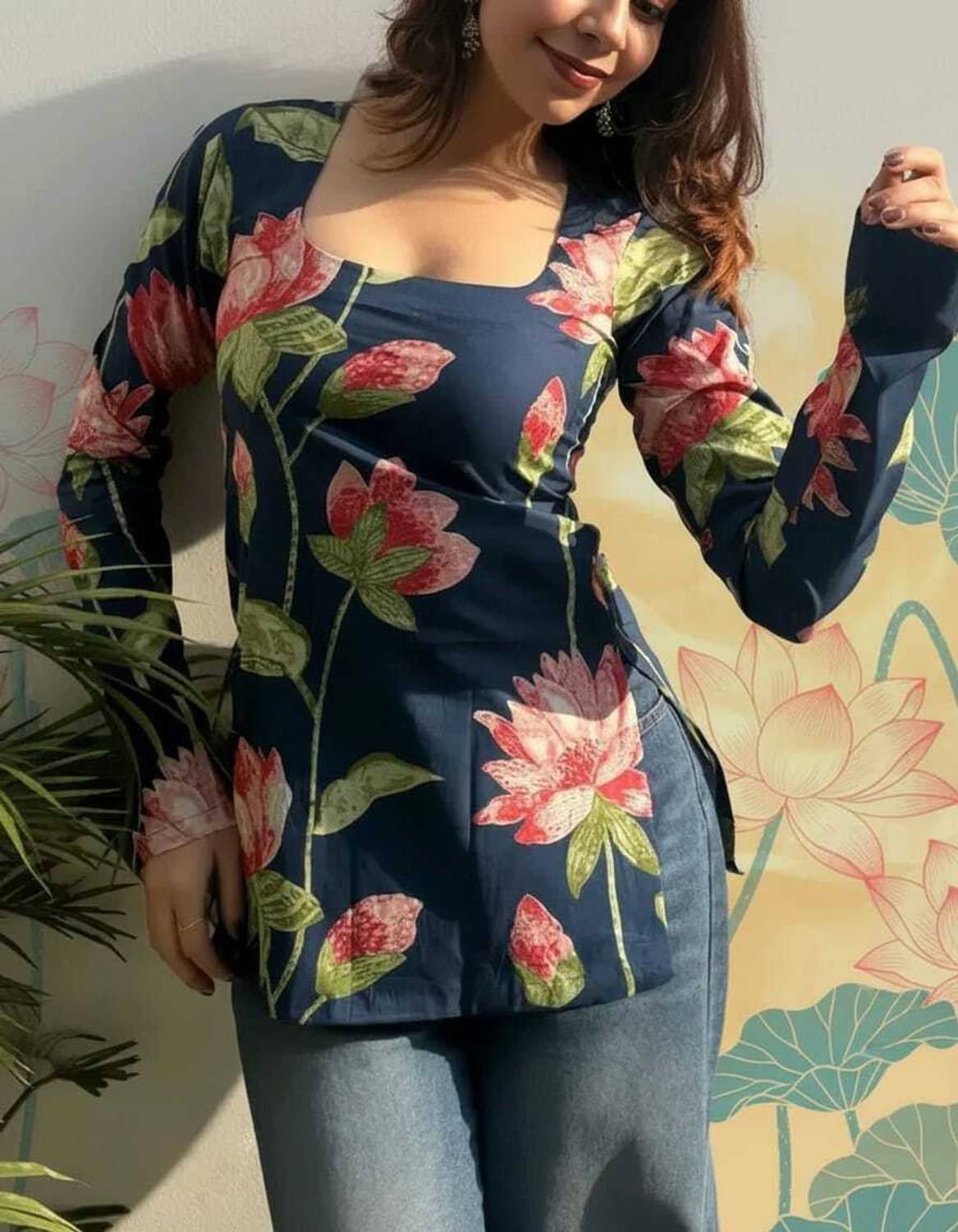 ZOHA ART Casual Floral Print, Printed Women Black, Dark Blue Top