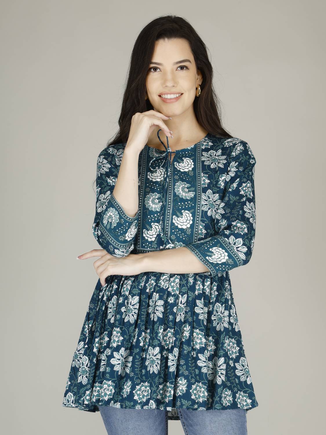 Dhan G Casual Floral Print, Embroidered Women Blue Top