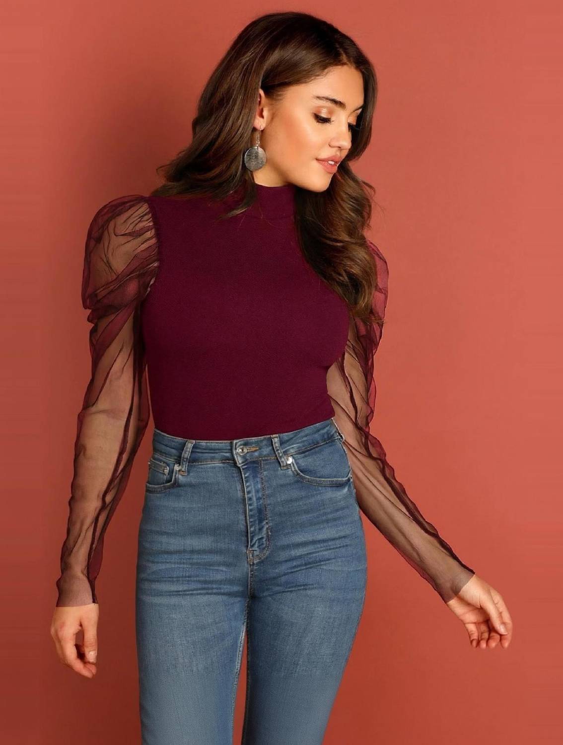 TANDUL Party Full Sleeve Solid Women Maroon Top