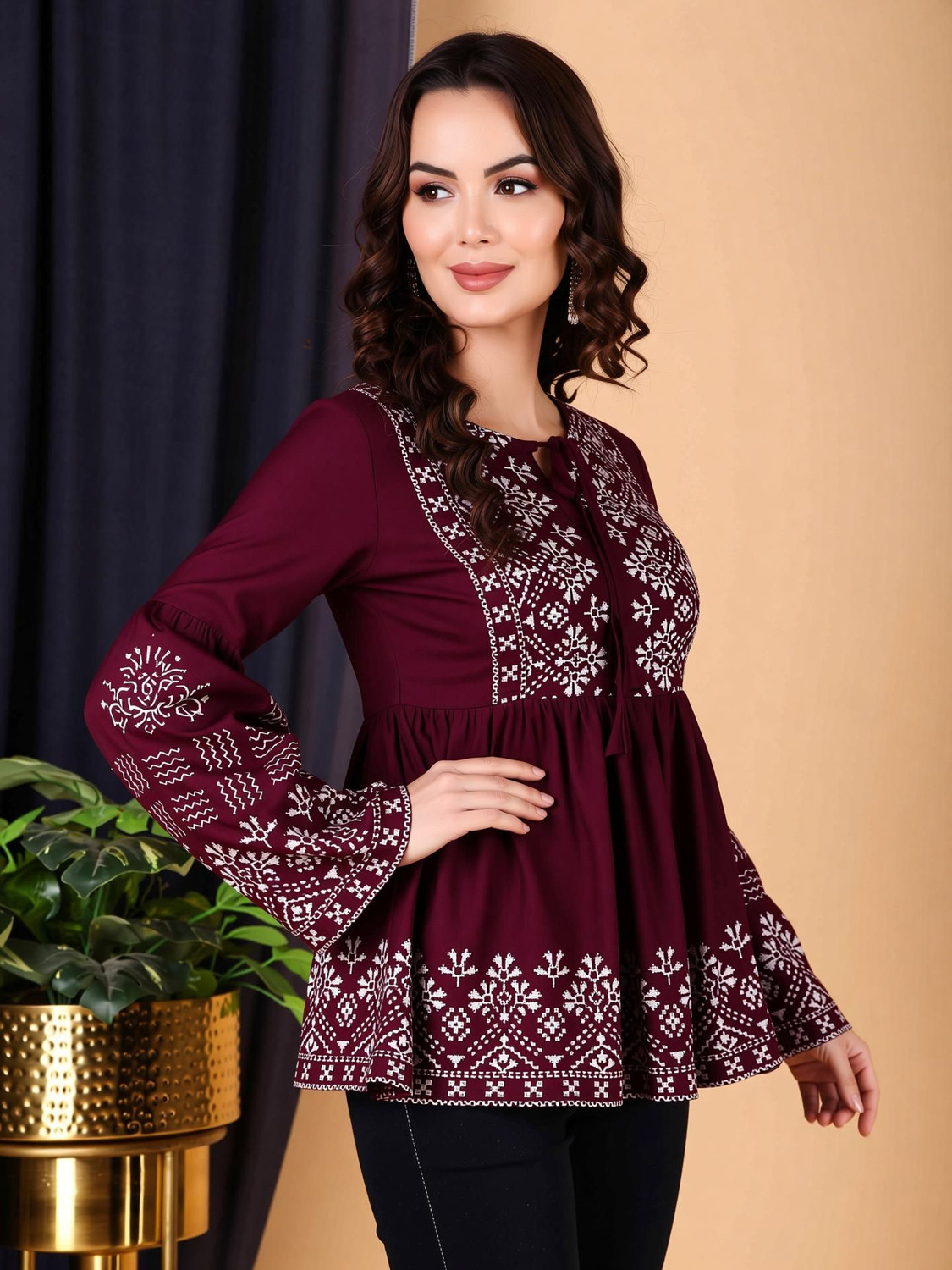 Image of Yuvanj Printed Viscose Rayon High Low Kurta for Women (Maroon)