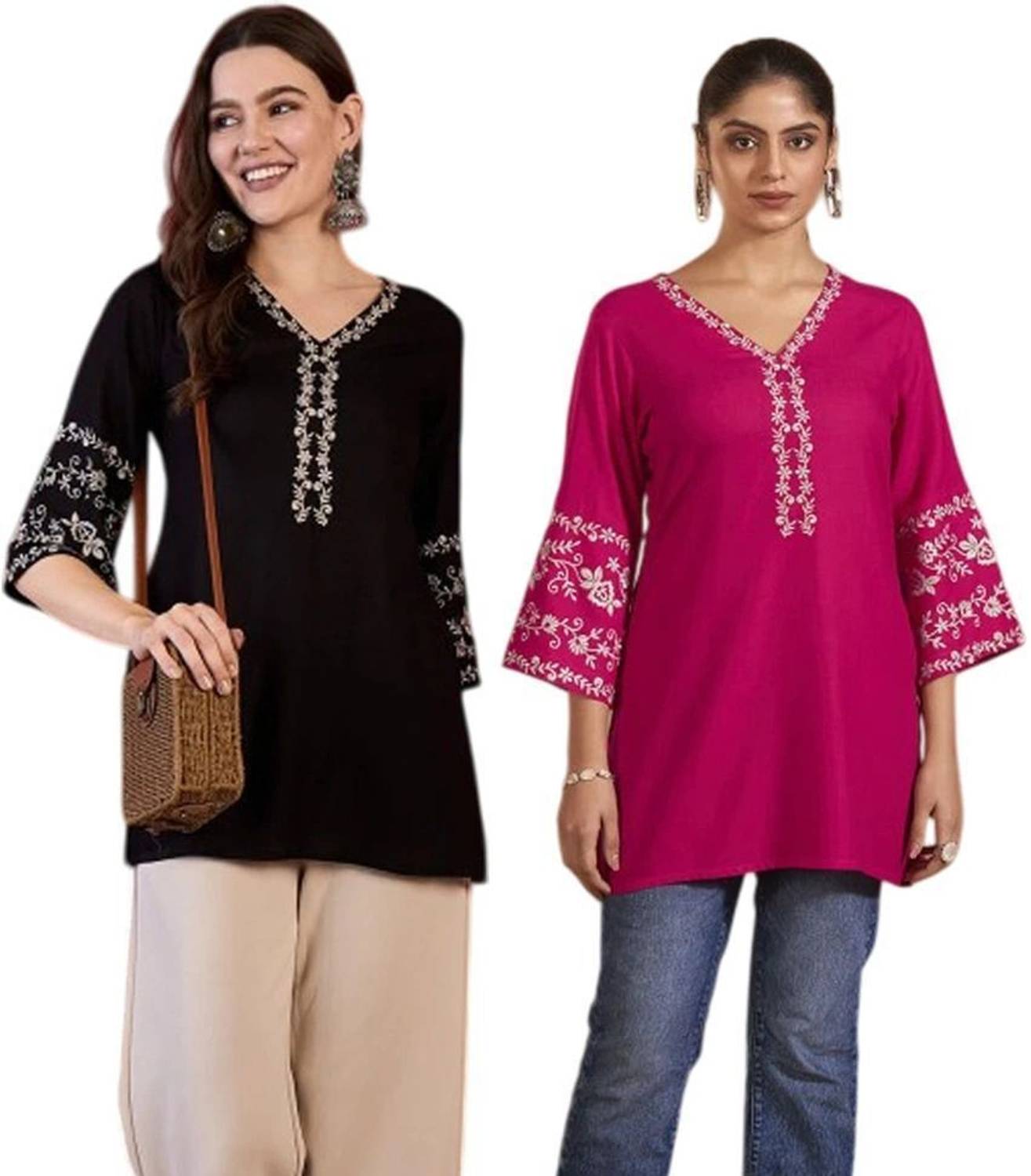 Mahira's Comfort Pack of 2 Women Embroidered Cotton Rayon A-line