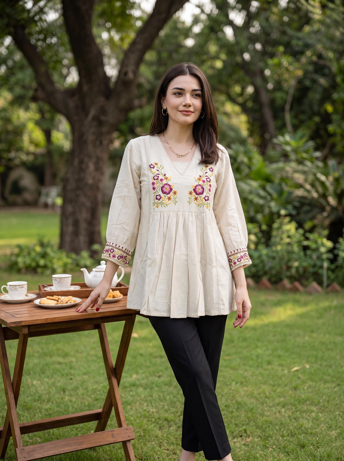Image of MICORIA Casual Embroidered Women Beige, White Top