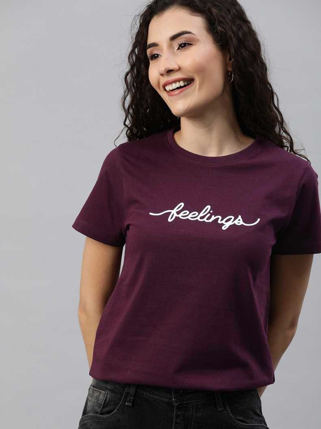 Image of Patche Typography Women Round Neck Maroon T-Shirt