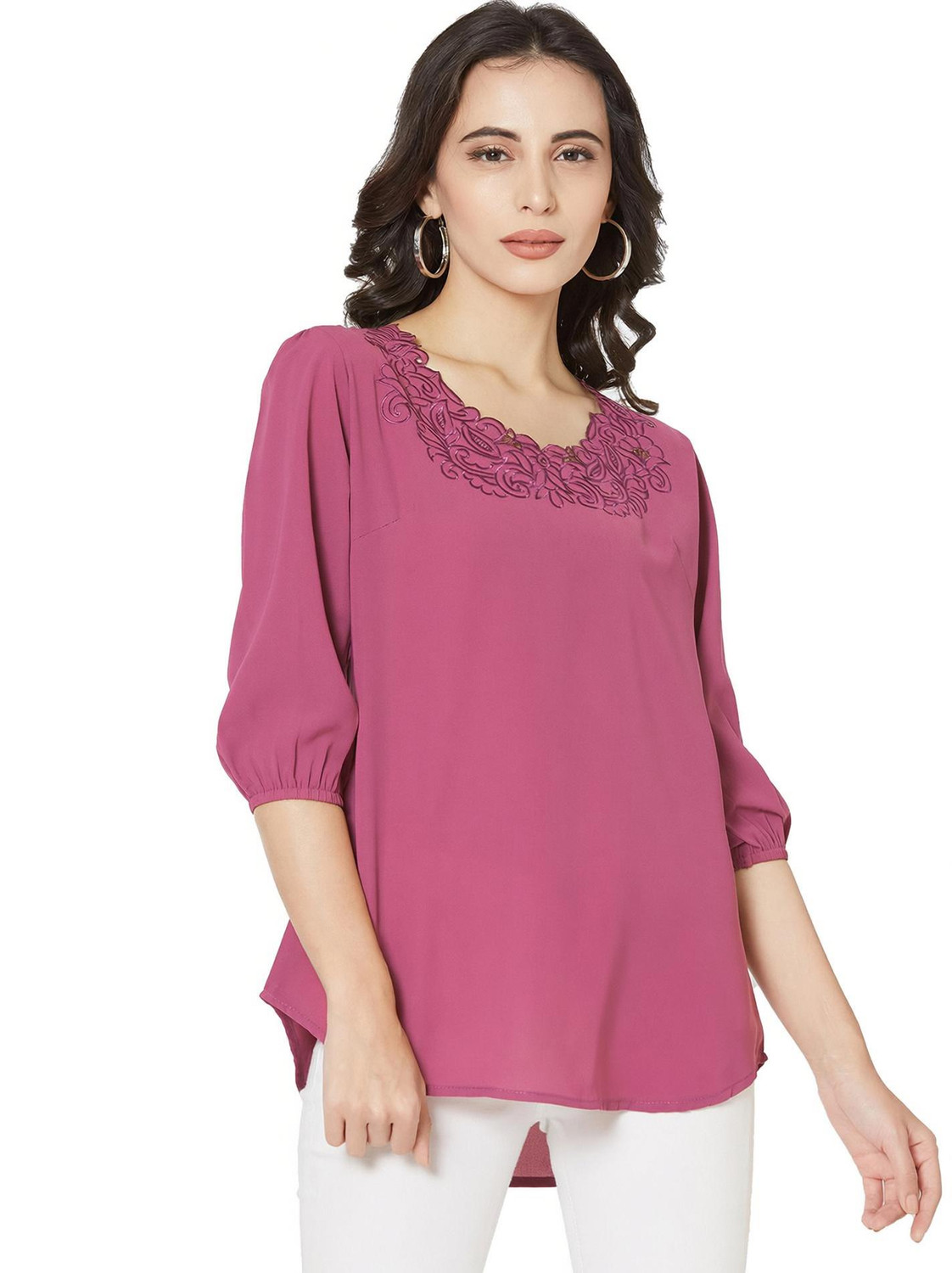 Image of GO.4.IT Casual 3 /4 Sleeve Embroidered Women Pink Top