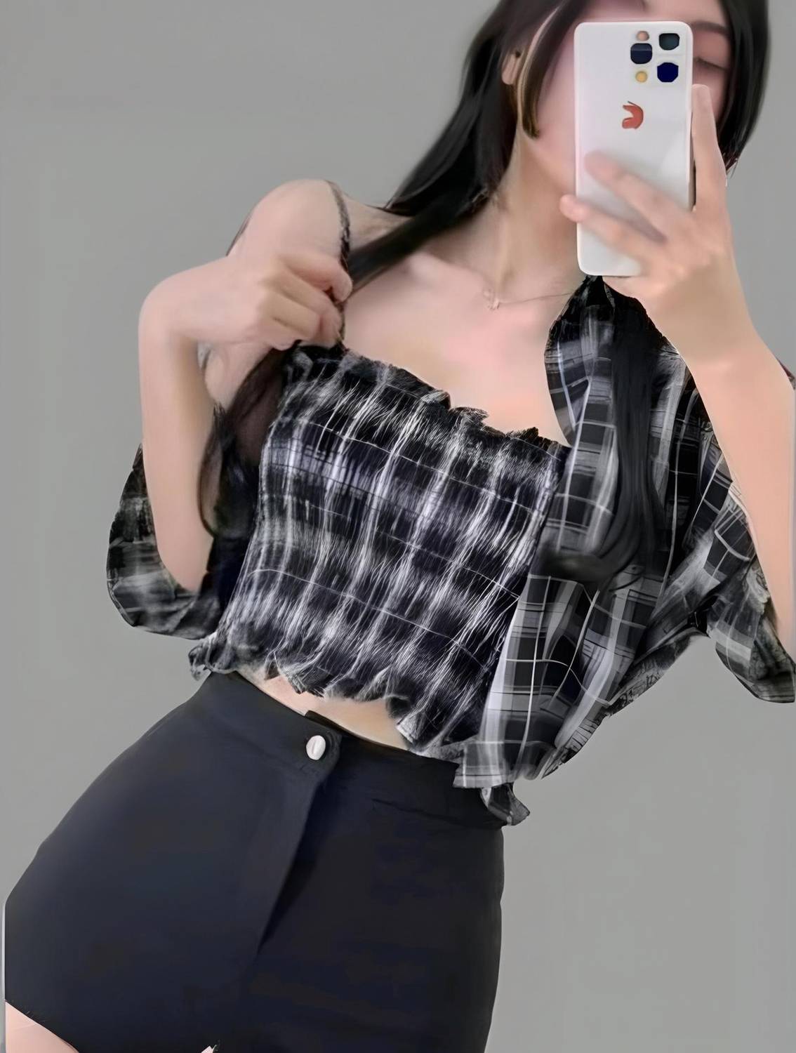 AKSHA CREATION Casual Checkered Women Black, Grey, White Top