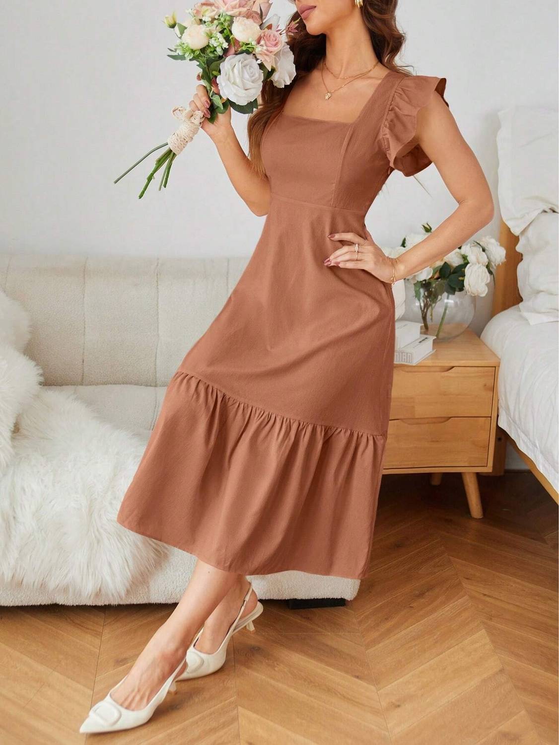 Gosriki Women Fit and Flare Beige Midi/Calf Length Dress