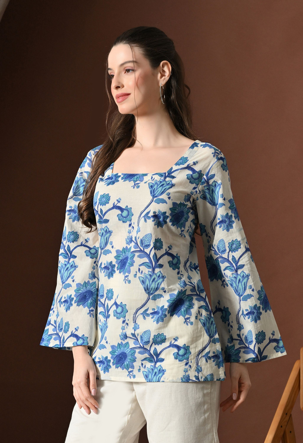 Image of SANGAKURTI Casual Floral Print Women White, Blue Top