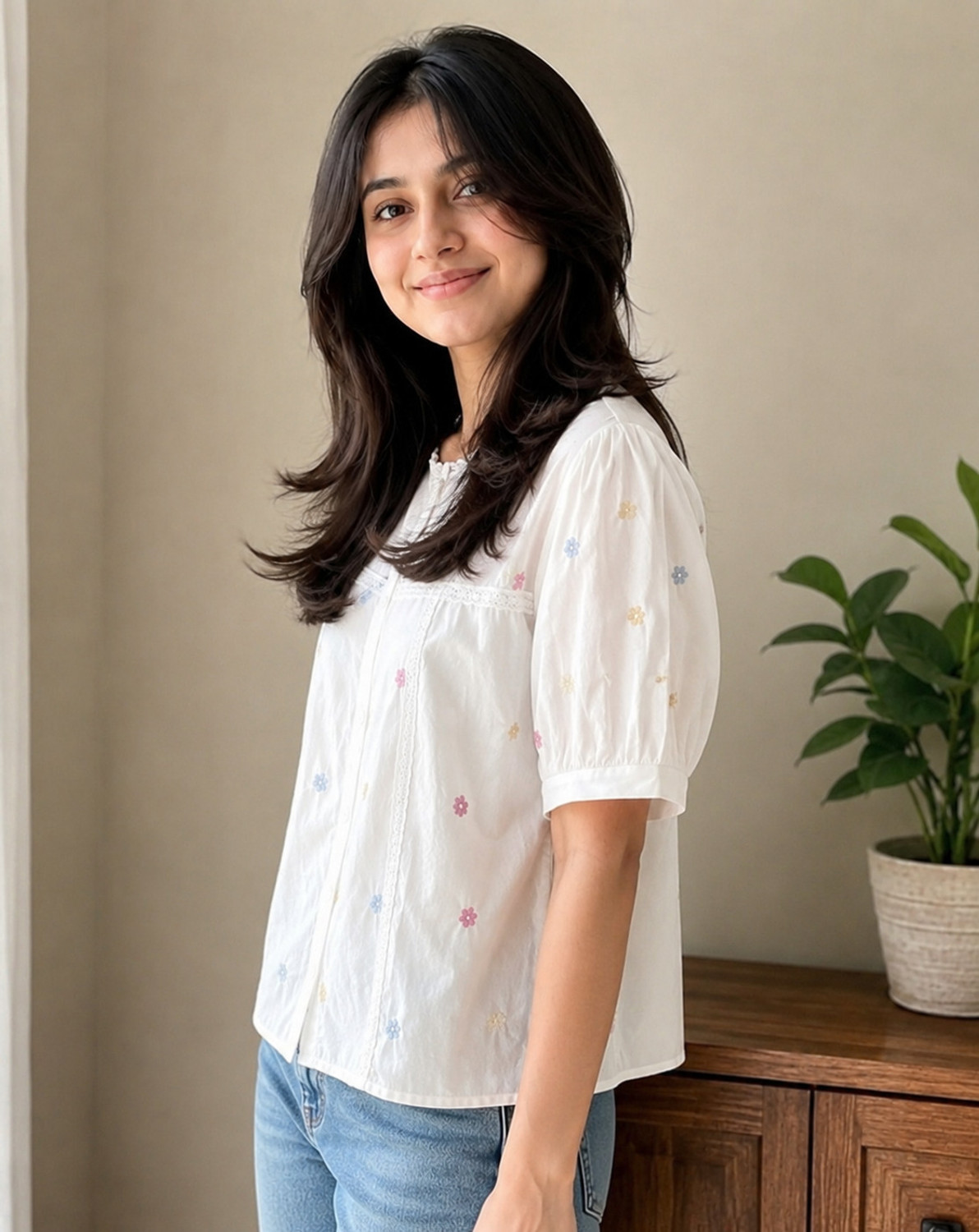 Image of ARN Casual Puff Sleeves Embroidered Women White Top