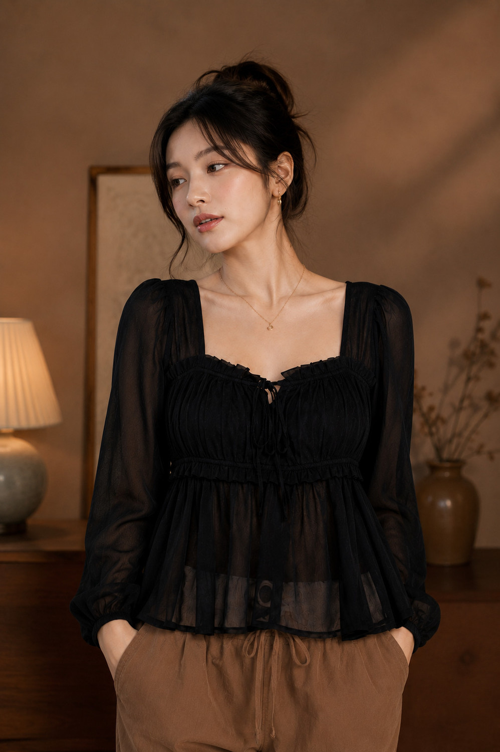 Image of Mast & Harbour Casual Bishop Sleeve Self Design Women Black Top