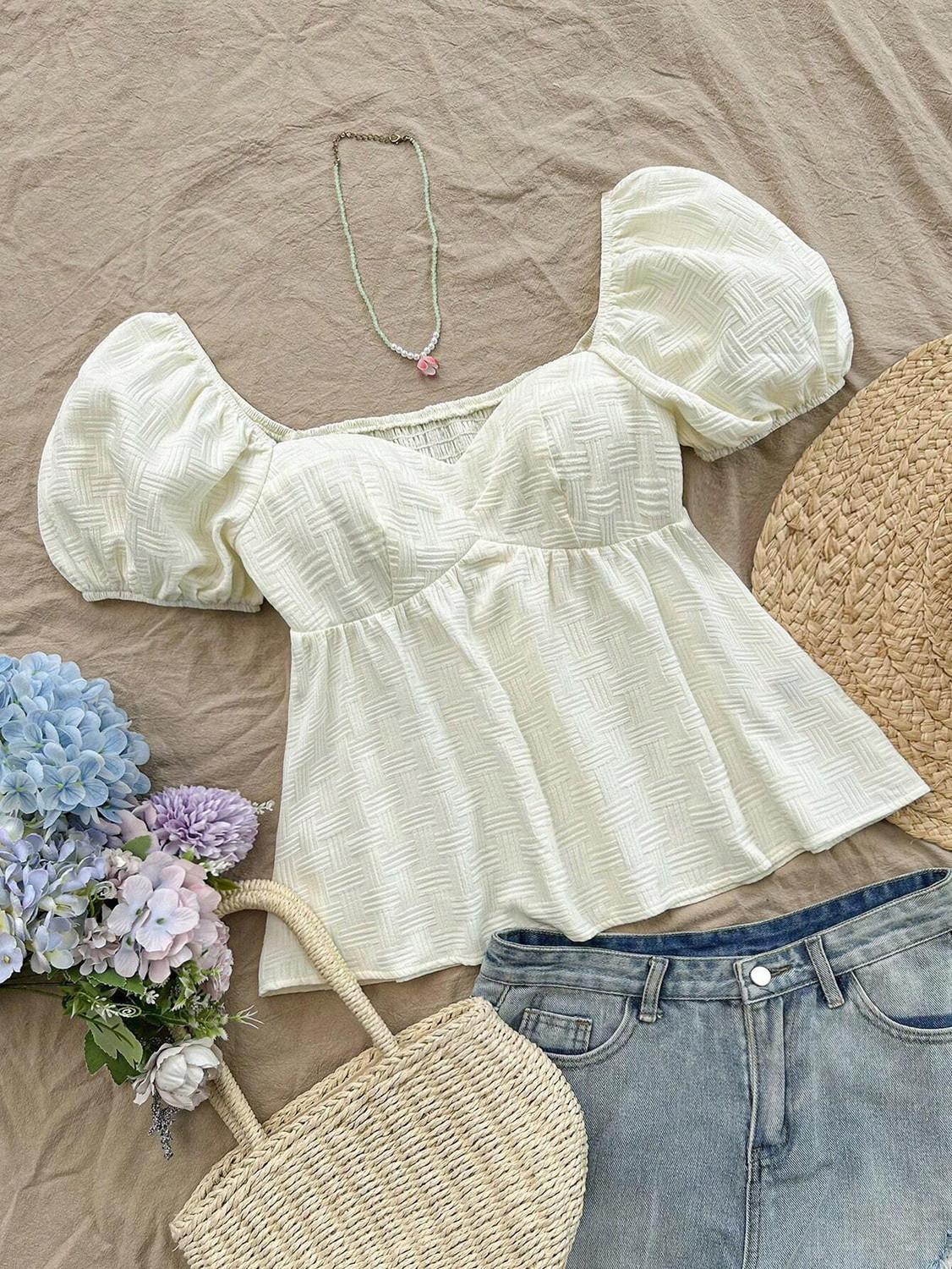 EMERYLA Casual Self Design Women Beige Top