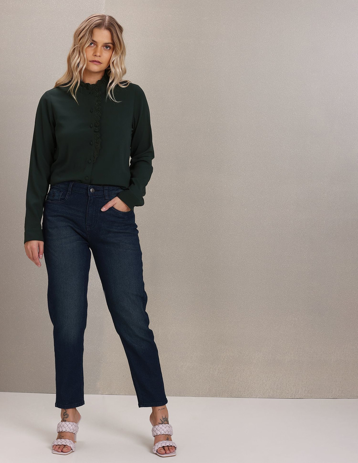 Image of U.S. POLO ASSN. Casual Solid, Lace Women Dark Green Top