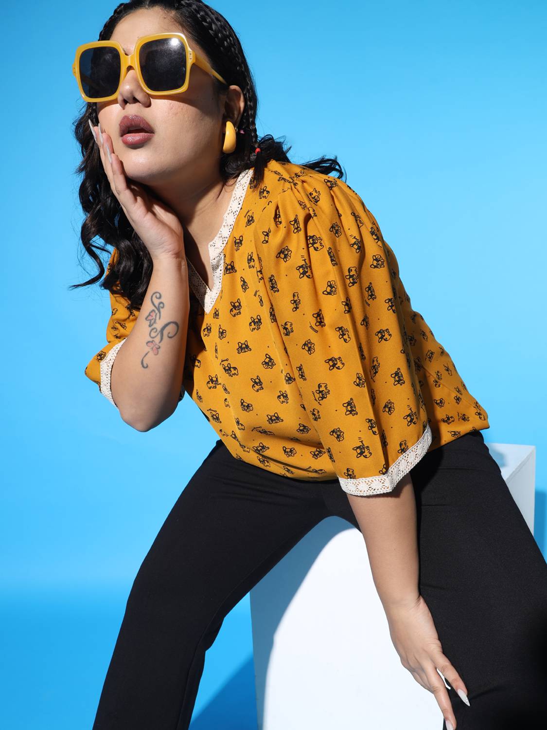 Austivo Casual Graphic Print, Printed Women Yellow Top