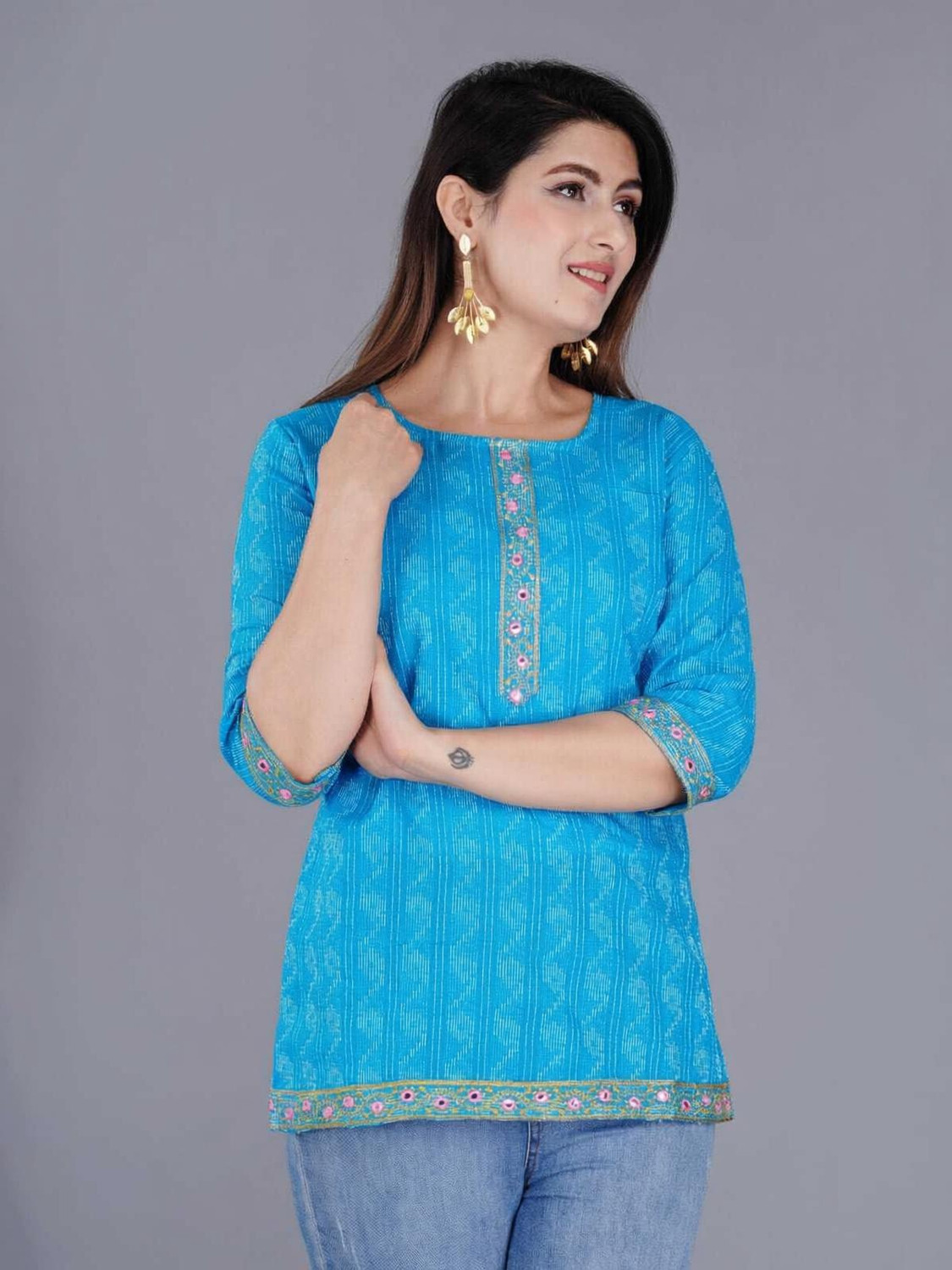 Image of AK FUSION Casual Printed Women Light Blue Top