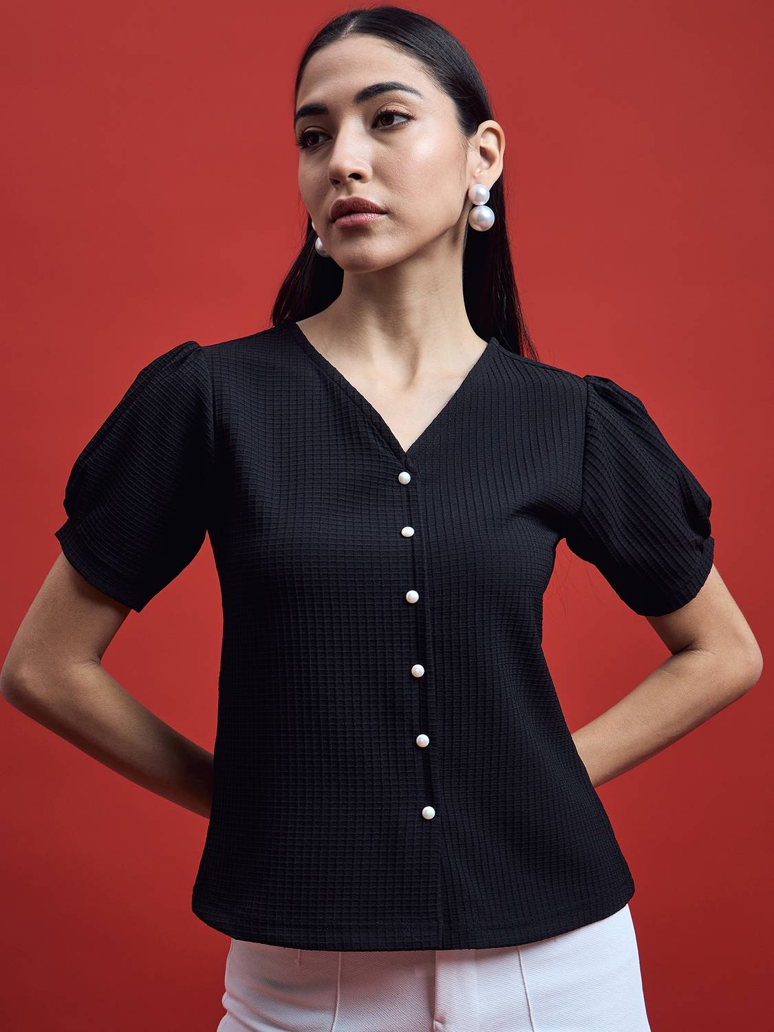 ANJIR Casual Solid, Self Design Women Black Top